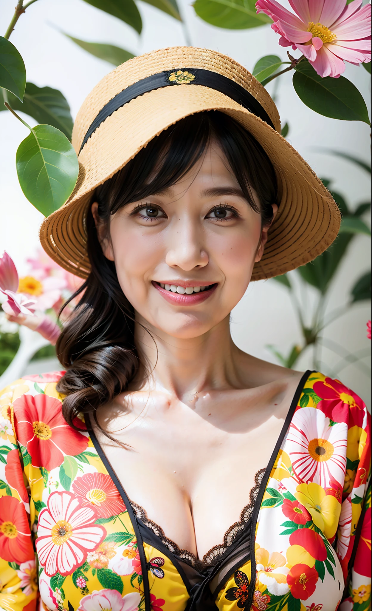 hight resolution, Original, (flat-colors:0.9),(colourfull:1.1),(masterpiece:1,2), top-quality, masterpiece, hight resolution, Original, highly detailed wallpaper, Viewer's Perspective,Solo,portlate, (A MILF)、62 years old、Mature Woman Body Set、Exposing breasts、showing teeth、Detailed tongue、Detailed mouth、Staring at this、Floral background、undergarment、(Mature)、
