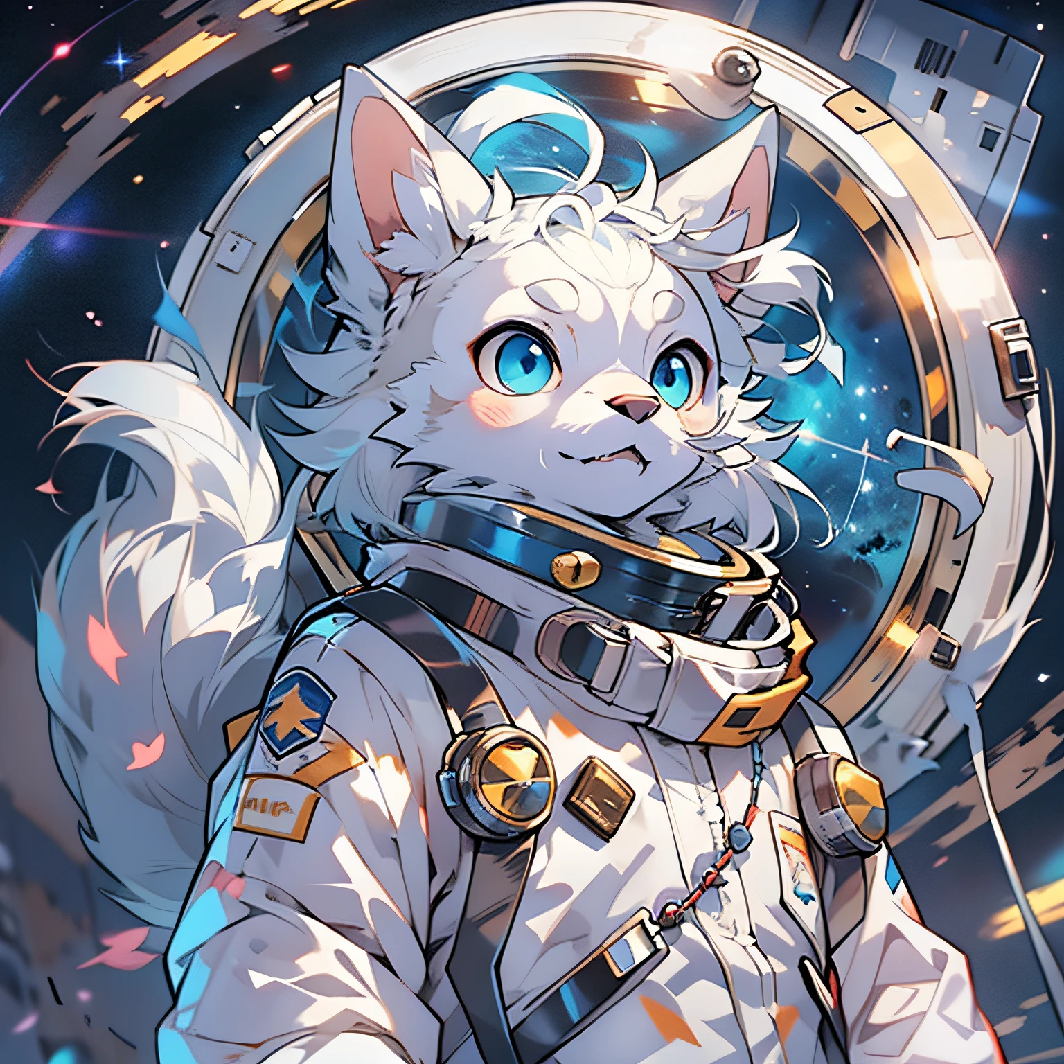 anime cat，Gold and blue eyes，White hair，The ears are blue hairs，There is a blue rosary around the neck， very very beautiful furry art，Small fresh meat。Walk through the universe，wearing spacesuit