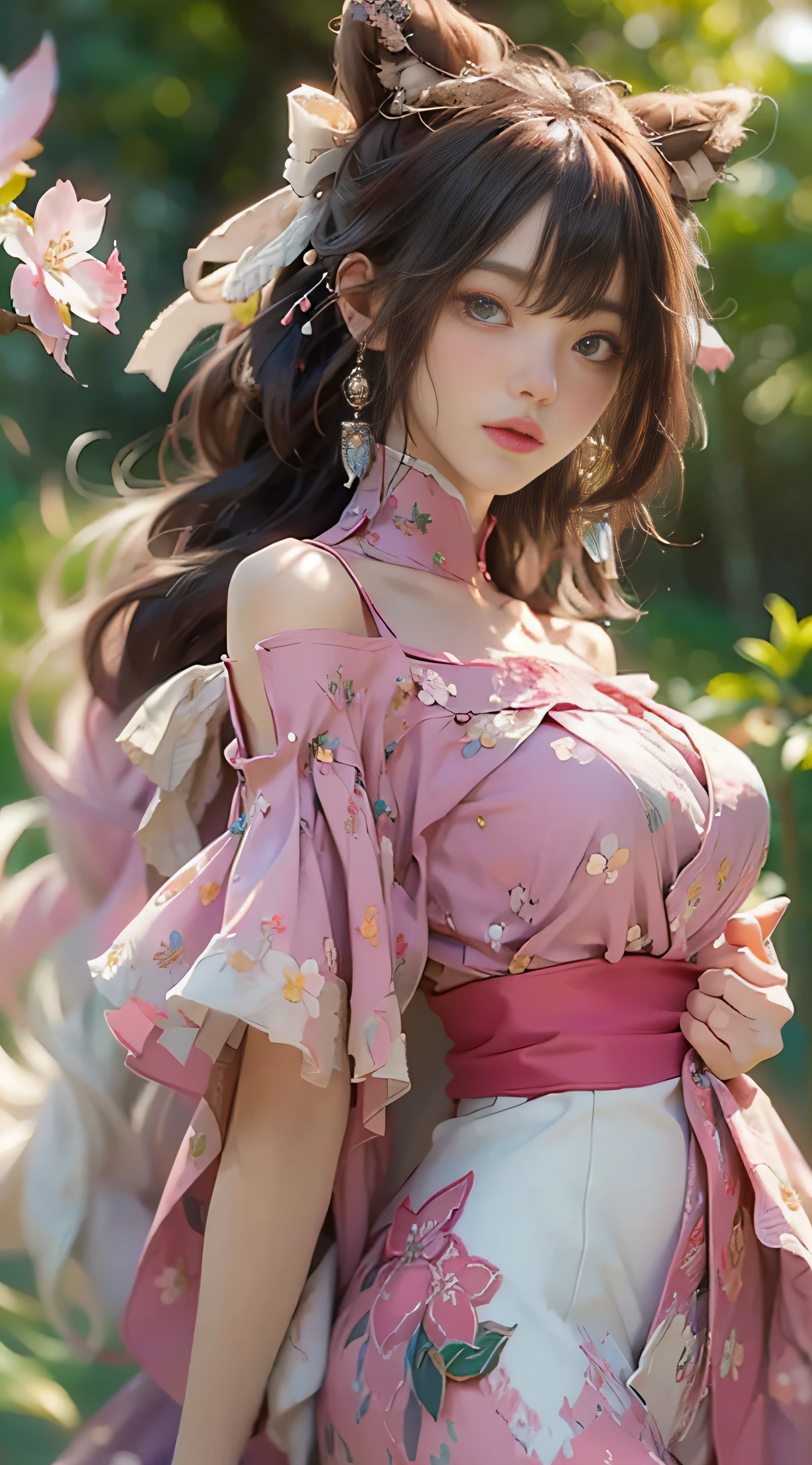 （（best qualtiy））， （（tmasterpiece））， （Detail：1.4）， 3D， Beautiful female images，hdr（HighDynamicRange），Ray traching，NVIDIA RTX，Hyper-Resolution，illusory 5，sub surface scattering，PBR textures，post-proces，Anisotropy Filtering，depth of fields，maximum definition and sharpness，Many-Layer Textures，Albedo e mapas Speculares，Surface Coloring，Mitsu-Accurate simulation of material interactions，perfectly proportioned，rendering by octane，Two-colored light，largeaperture，Low ISO，White balance，Rule three points、8K raw data、beautiful bright pupils，off-the-shoulder clothes，Fine pupils，Delicate face and eyes，long eyelasher，Blushlush，Delicate and fluffy hair，pink lip，Pure，cute big breasts，Sweet girl，Artistic sense，Casual wear，Advancedsense，butterflys，Cherry blossom petal，Beautiful hair accessories，Long hair and waist，Hair fluttering in the wind，perfectly proportions