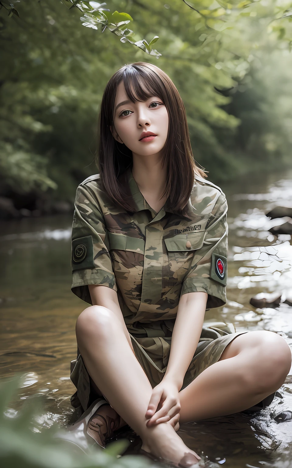 Highly detailed CG Unity 8k wallpaper, top quality, super detailed, masterpiece, realistic, photorealistic, highly detailed cute girl, (25 years old),
(Camouflage military clothes),(forest with river) , sitting ,blush, round eyes, medium breasts, viewer,