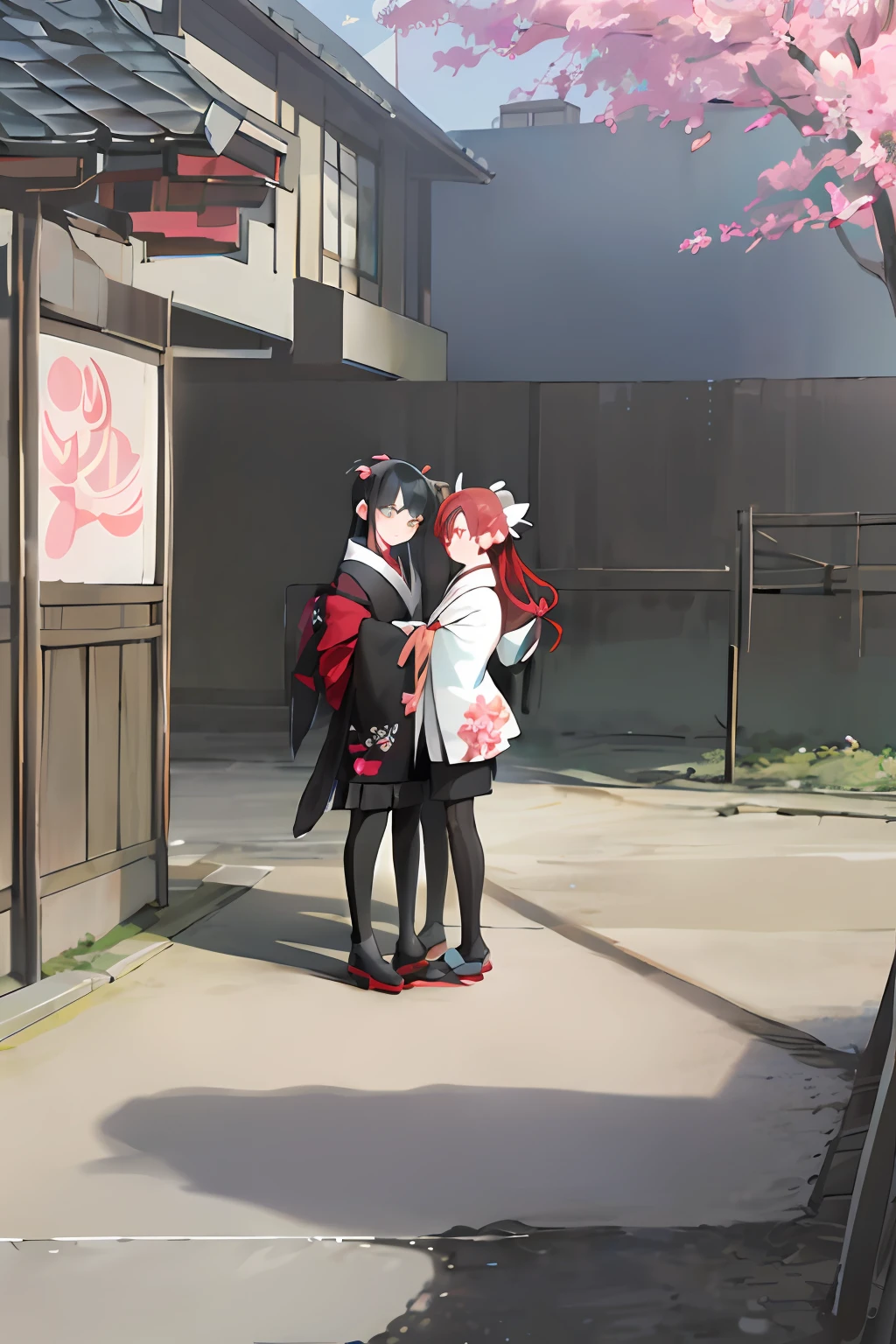 Create a print where Nezuko and zenitsu embrace