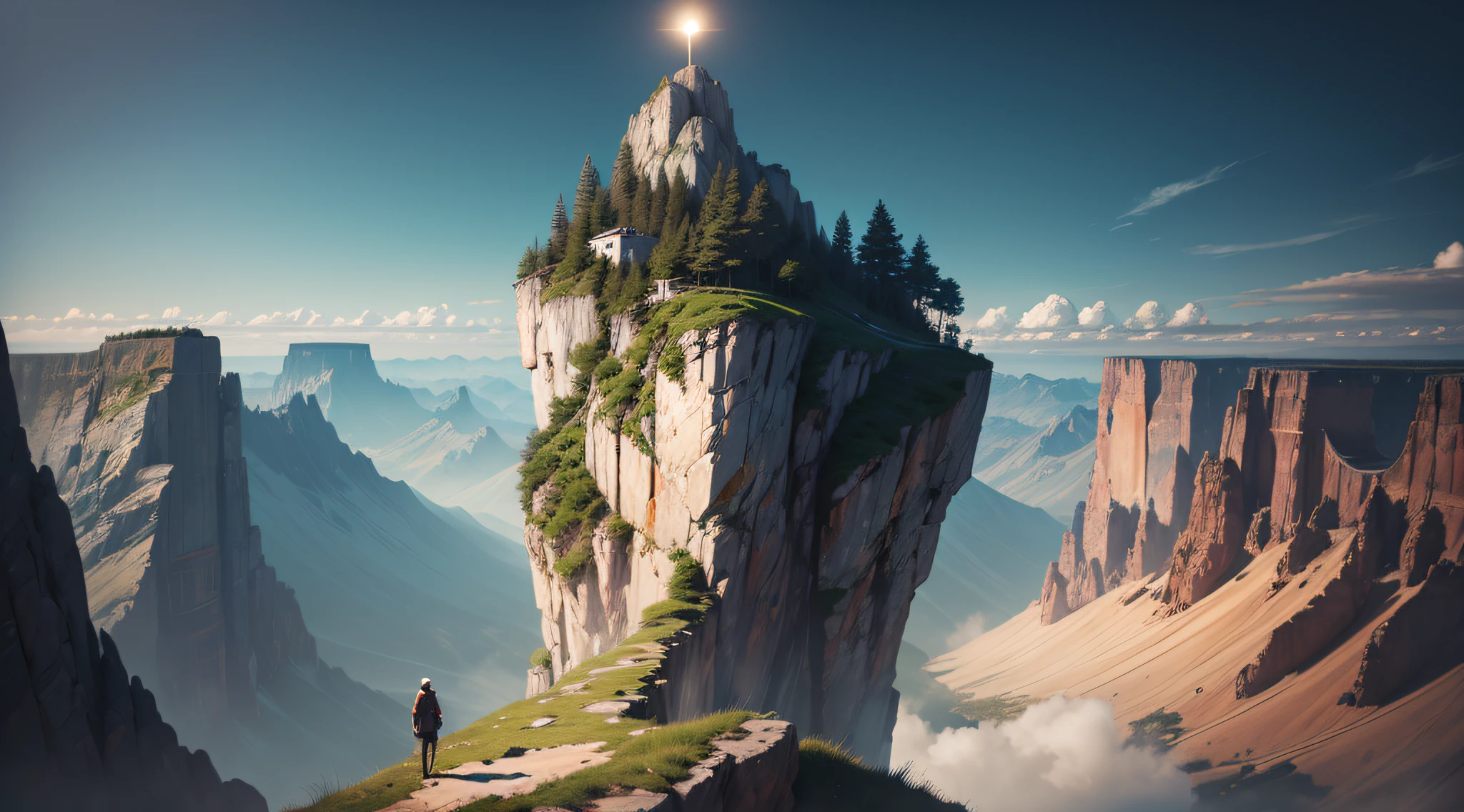 Alatei stands on a cliff overlooking the valley and mountains, standing on the edge of the cliff, standing on a hill, standing near a cliff, Standing on a cliff, standing on a hill, standing atop a mountain peak, standing on top of a mountain, Cliff edge, cliffside, On a cliff, on top of mountain, Surrealism, high detail, cinematic lighting, f/16, 35mm, Hasselblad, Fujifilm, Sony FE GM, UHD, retina, masterpiece, ccurate, anatomically correct, textured skin, super detail, high details, high quality, award winning, best quality, highres, 8k --auto