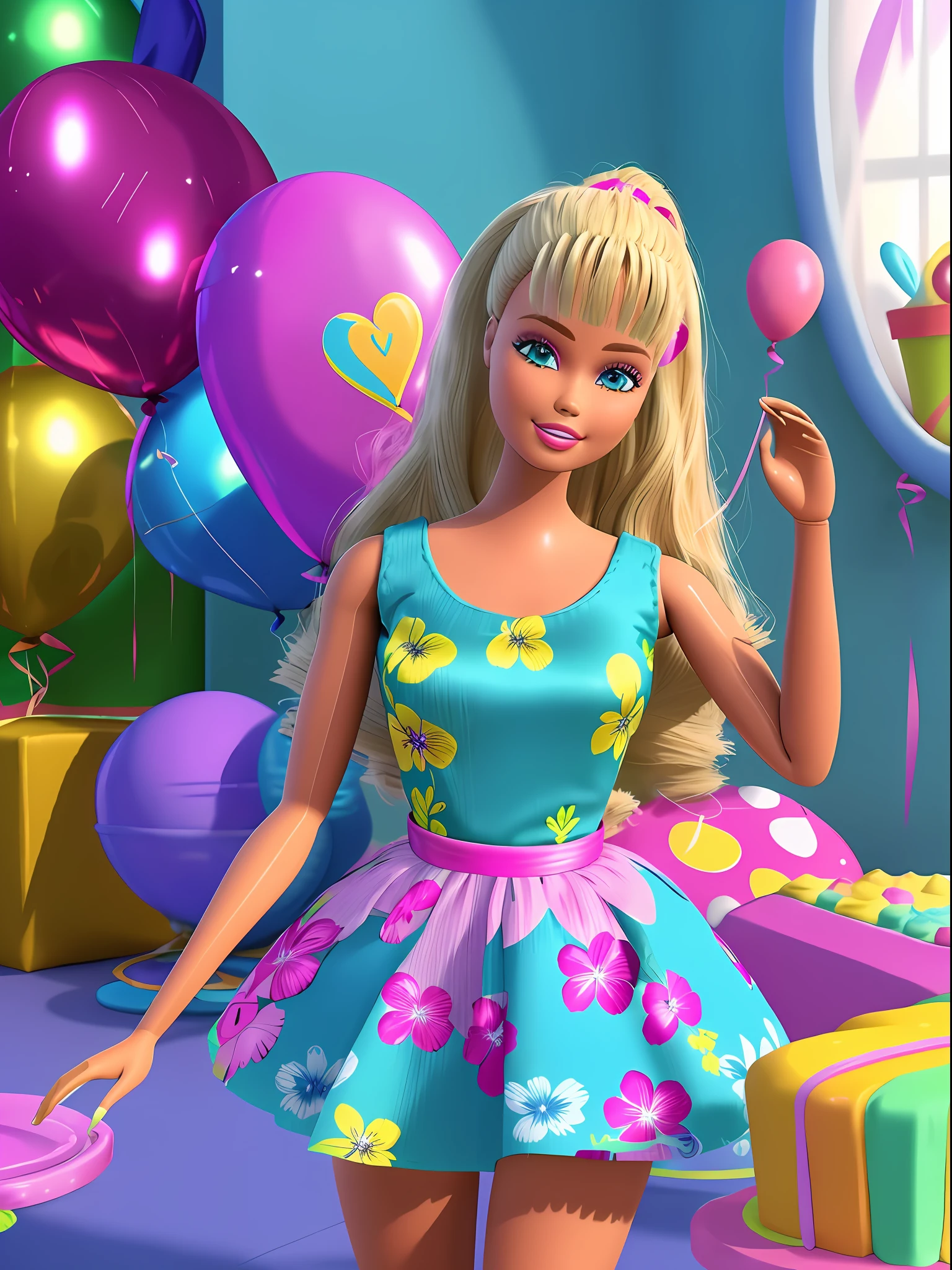Barbie doll, Birthday, cabello rubio, birthday party, (obra maestra, La mejor calidad), Altas Resoluciones, (8k, foto RAW, highest qualityr), hiperrealista, ....3d, centrado, (TS_Barbie), (Perfect lighting and composition:1),Soft lighting, (High detail, 8K resolution:1), HDR:0.7, Cara detallada, perfecto, (dynamic), pose, (alta calidad:1.2), plastic skin, ((brillante:1.3)), friends, indoor party, birthday cake, balloons, birthday gifts, regalo