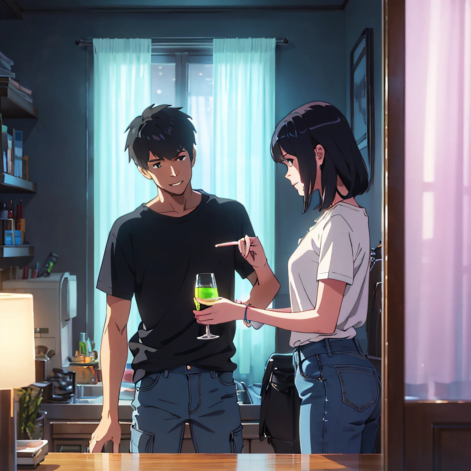 Anime, The background must be home window sills,The night is neon outside the window, A tall cute man wearing a short blue T-shirt, and black cargo pants, Tall girl in black sexy shirt with blue jeans. They smile,Drinking