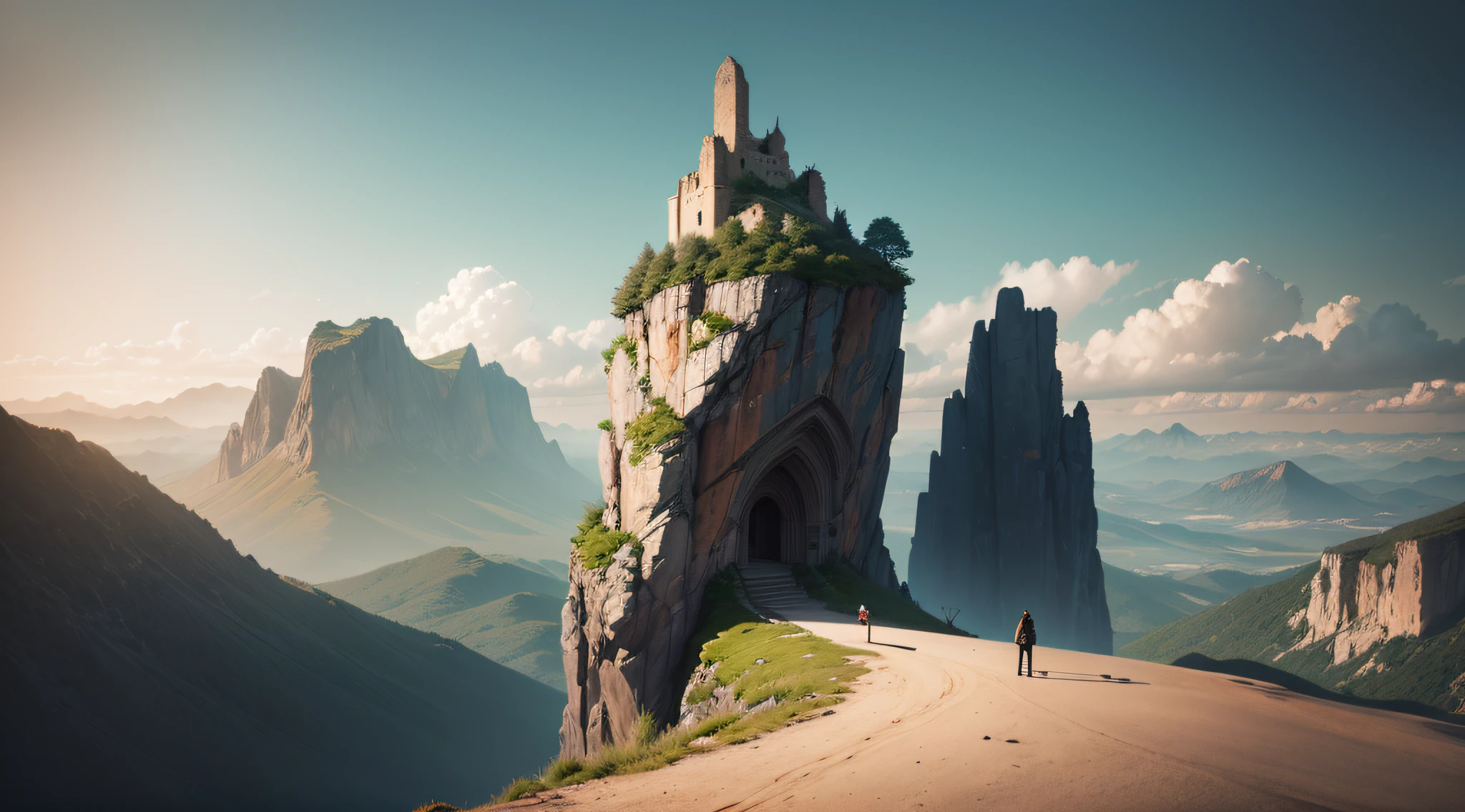 Alatei stands on a cliff overlooking the valley and mountains, standing on the edge of the cliff, standing on a hill, standing near a cliff, Standing on a cliff, standing on a hill, standing atop a mountain peak, standing on top of a mountain, Cliff edge, cliffside, On a cliff, on top of mountain, Surrealism, high detail, cinematic lighting, f/16, 35mm, Hasselblad, Fujifilm, Sony FE GM, UHD, retina, masterpiece, ccurate, anatomically correct, textured skin, super detail, high details, high quality, award winning, best quality, highres, 8k --auto