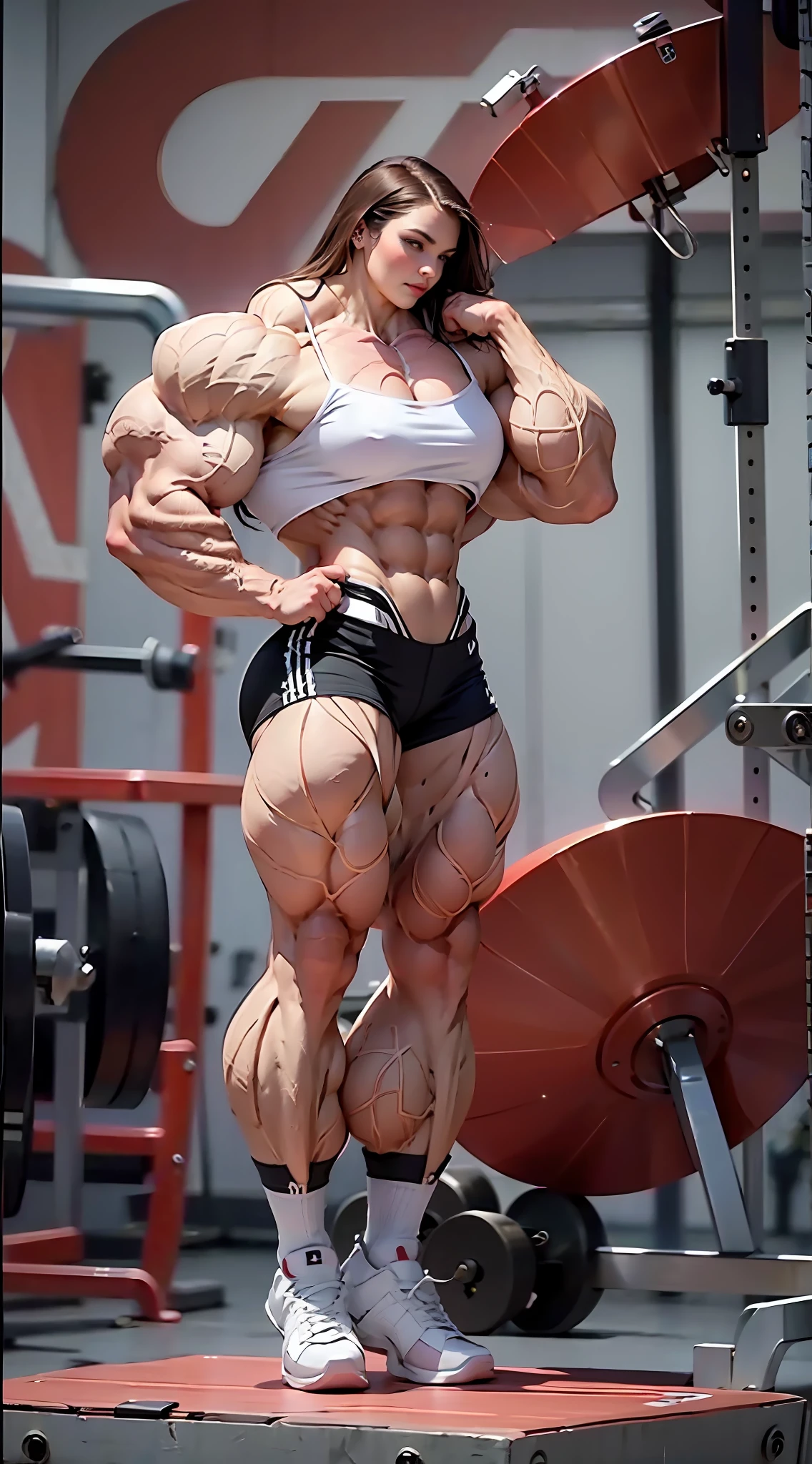 ultra photo-realistic image of a topless female bodybuilder wearing only panties, (1girl), (perfect anatomy:1.5), (super muscular professional bodybuilder:1.5), (full body pose:1.5), (huge muscular arms:1.5), perfect model face, beautiful gorgeous smile, (super muscular physique:1.5), (muscular female bodybuilder:1.5), (huge muscular arms:1.5), (Larger biceps:1.75), large forearms, (((narrow hips))), veins everywhere, thin thighs, (thinner legs), (larger upper body:1.5), (small pecs), muscular chest, small waist, (perfect fingers:1.2), (full body pose), (UHD 8k:1.5), solo female, realistic image, high detail, photo quality, beautiful girl, best quality, ultra-detailed, masterpiece, finely detail, realistic skin texture, 85 mm art lens, f 1.2, sharp focus, 8 k high definition, insanely detailed, intricate, elegant,