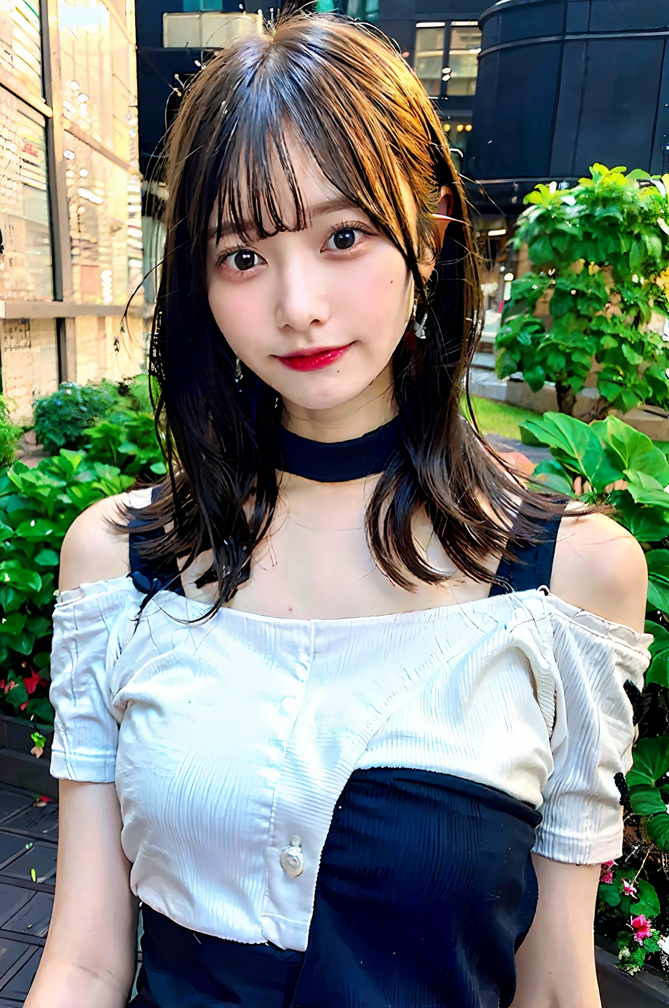 best quality, ultra high res, (photorealistic:1.4), 1girl, off-shoulder white shirt, black tight skirt, black choker, (faded ash gray hair:1), (huge breasts:1.2), looking at viewer, closeup ,