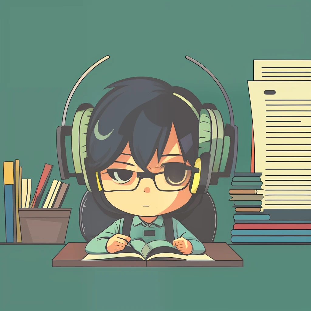 Article proofreading,cartoonish style,Icon purpose,wearing headphone,Error correcting,Interrogation,Minimalist style