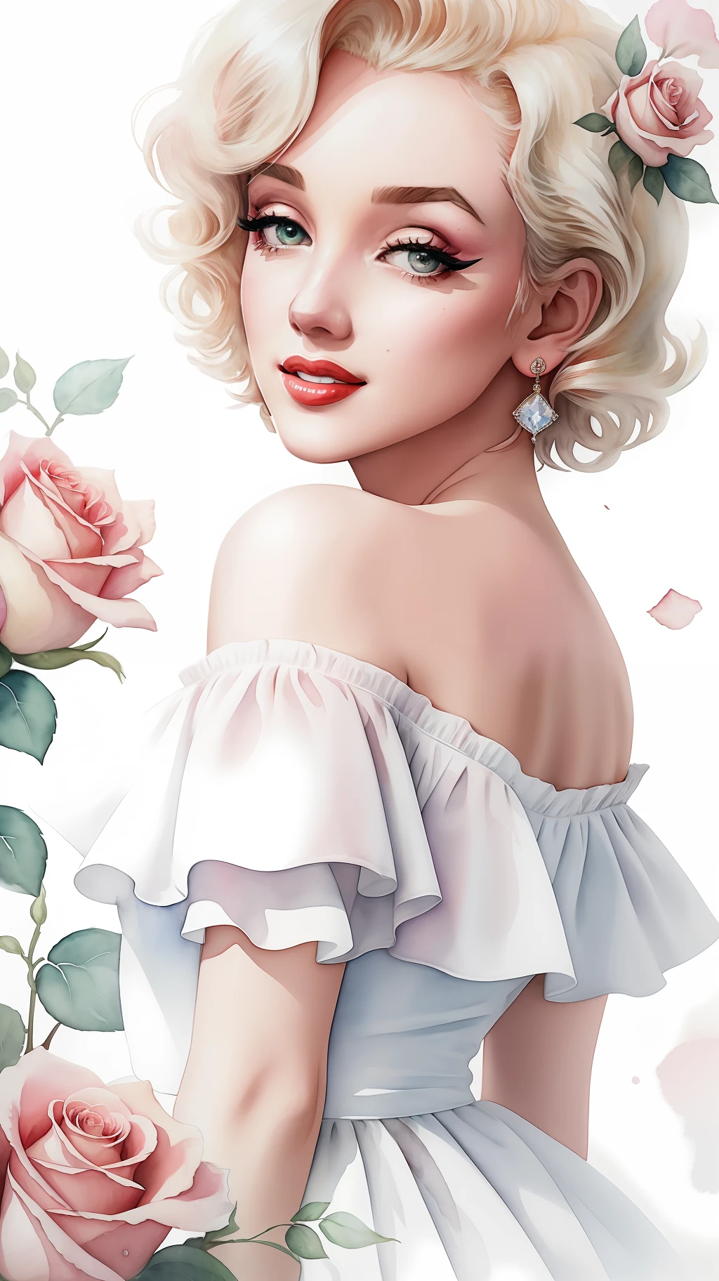 close up photo of Marilyn Monroe, off shoulder , watrcolor style, (rose) digital art, white background, among the roses, official art, blown by the wind, masterpiece, beautiful, ((watercolor)), paint splatter, intricate detail. Great detail, [dripping:0.7], Trending on Artstation, Rachel Walker