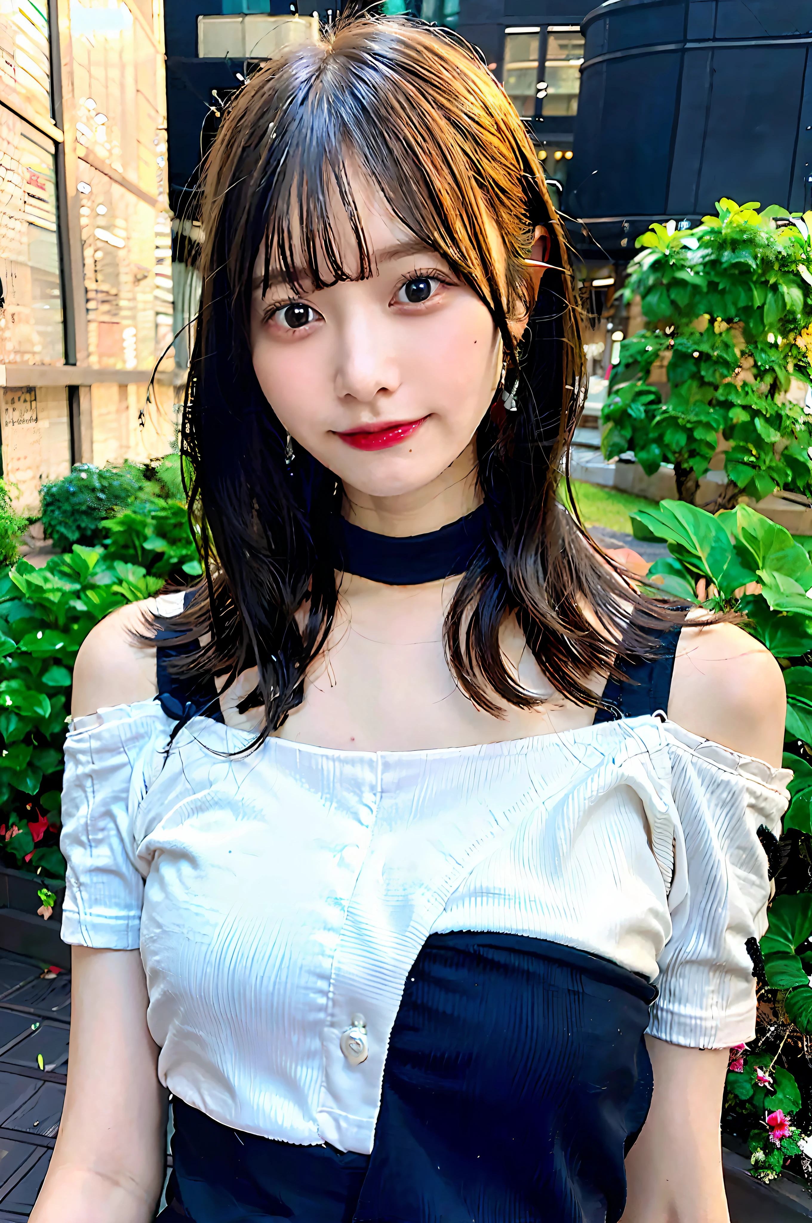 best quality, ultra high res, (photorealistic:1.4), 1girl, off-shoulder white shirt, black tight skirt, black choker, (faded ash gray hair:1), (huge breasts:1.2), looking at viewer, closeup ,
