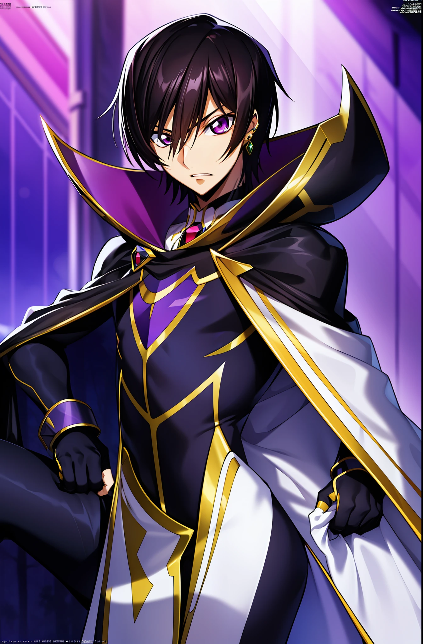 in a dark forest with trees in the background
sitting on a red couch,purple light shining,
black and yellow outfit,black cape,cape, chain-link_fence, coat,gloves,
lelouch_lamperouge,jewelry,gem,
black_hair,purple_eyes,earrings,short hair, purple light in their eyes ,
1 man, 20yo,male,Beautiful FingerBeautiful body,Beautiful Nose,Beautiful character design, perfect eyes, perfect face,
looking at viewer,angry,
NSFW,official art,extremely detailed CG unity 8k wallpaper, perfect lighting,Colorful, Bright_Front_face_Lighting,
(masterpiece:1.0),(best_quality:1.0), ultra high res,4K,ultra-detailed,
photography, 8K, HDR, highres, absurdres:1.2, Kodak portra 400, film grain, blurry background, bokeh:1.2, lens flare, (vibrant_color:1.2) Zero