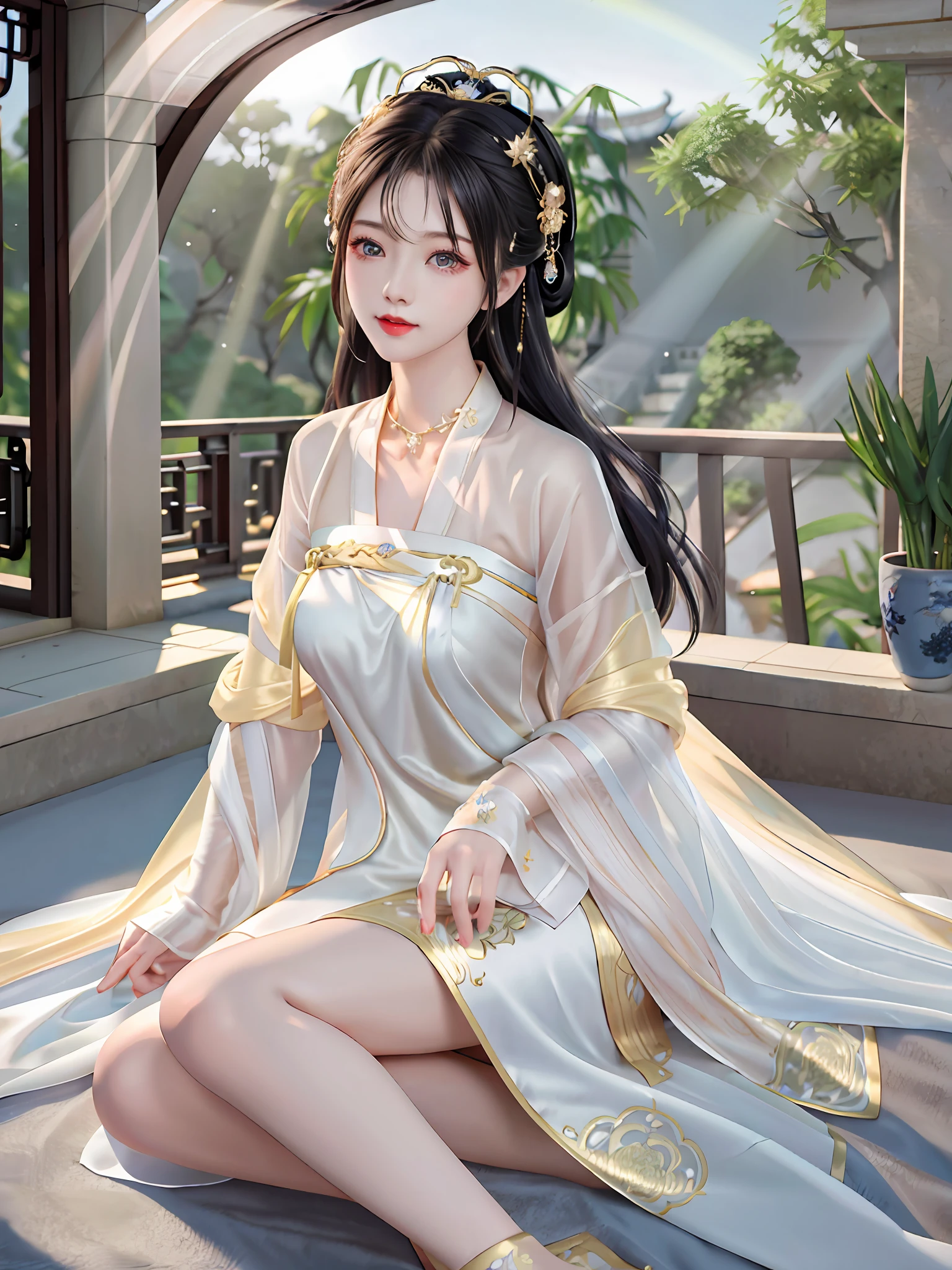 best qualityer,tmasterpiece,A high resolution,1个Giant Breast Girl,(Hanfu:1.2),(Gold thread stitching:1.1),White translucent silk dragon robe,(Translucent silk dragon robe:1.3),(Inside an ancient Chinese palace:1.2),(ssmile:1.1),cparted lips,sexy dress,(hair adornments:1.2),(Ancient Chinese dragon chair:1.3),choker necklace,(jewely:1.1),long whitr hair,medium boob,耳?????? Ring,exquisite and beautiful eyes,Delicate lashes,beautiful face,upon_body,Tyndall effect,(realisticlying:1.2),edge lit,twotonelighting,(highdetailskin:1.2),8K UHD,digital SLR camera,softlighting,high qulity,volumettic light,snapshot,(photore:1.1),A high resolution,supreme,A high resolution,detailed eyelashes,beauitful face,body,Tyndall effect,twotonelighting,(highdetailskin:1.2),8k ultra high definition,the soft light,high high quality,Volumetriclighting,Candid shooting,(low angle shot:1.1),