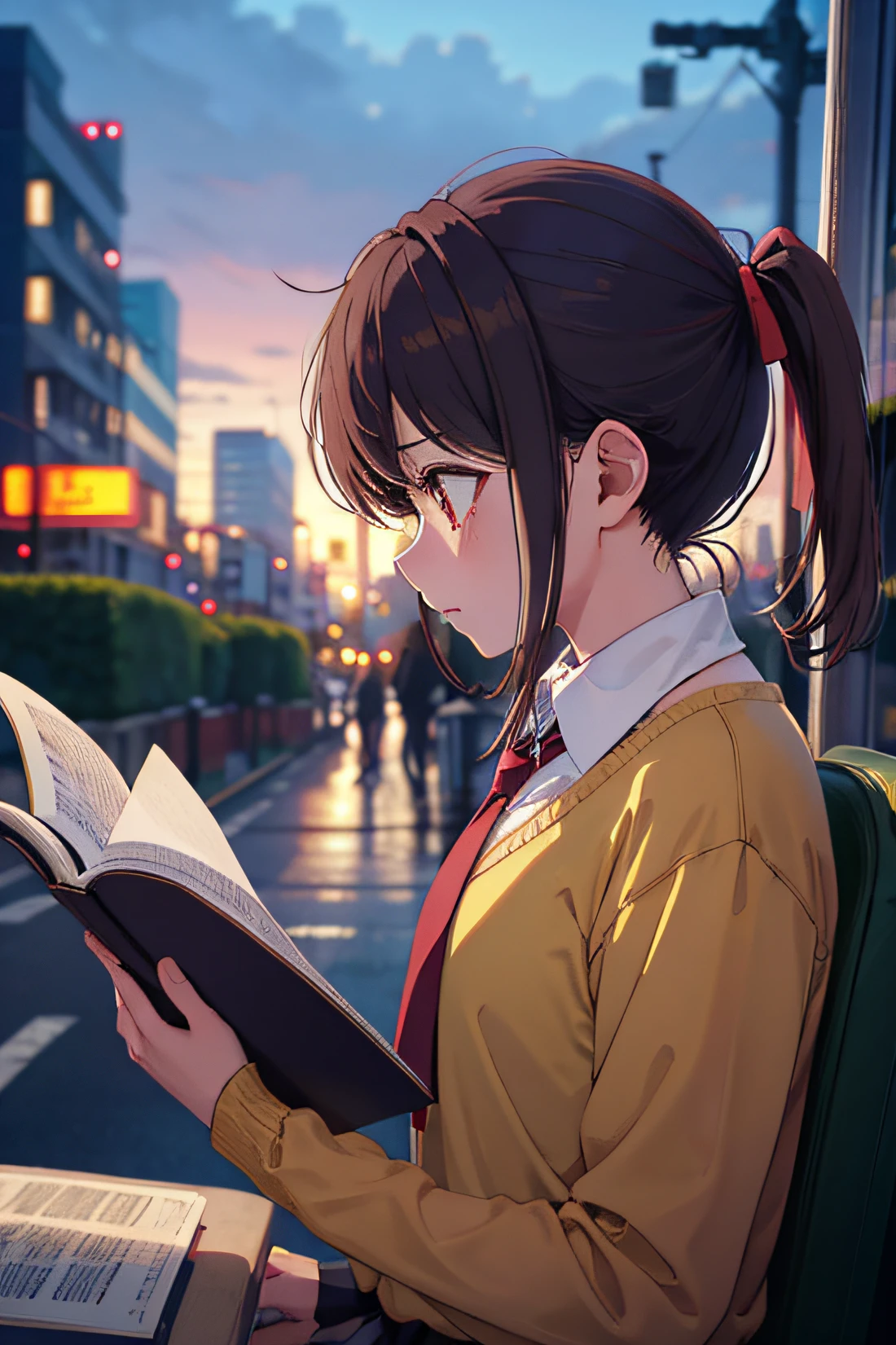 Rioftava, A high resolution, HighestQuali, illustratio, Super detail, (Detal Face), (Detail Eye), Soft lighting, HighestQuali, Super detail, masterwork, 1girll, 独奏, Costume 2, Ash brown hair, ponytails, Chou, with brown eye, long sleeves shirt, the pleated skirt, red necktie, (establishing shot:1.5), (Side view:1.5), in bus, Reading