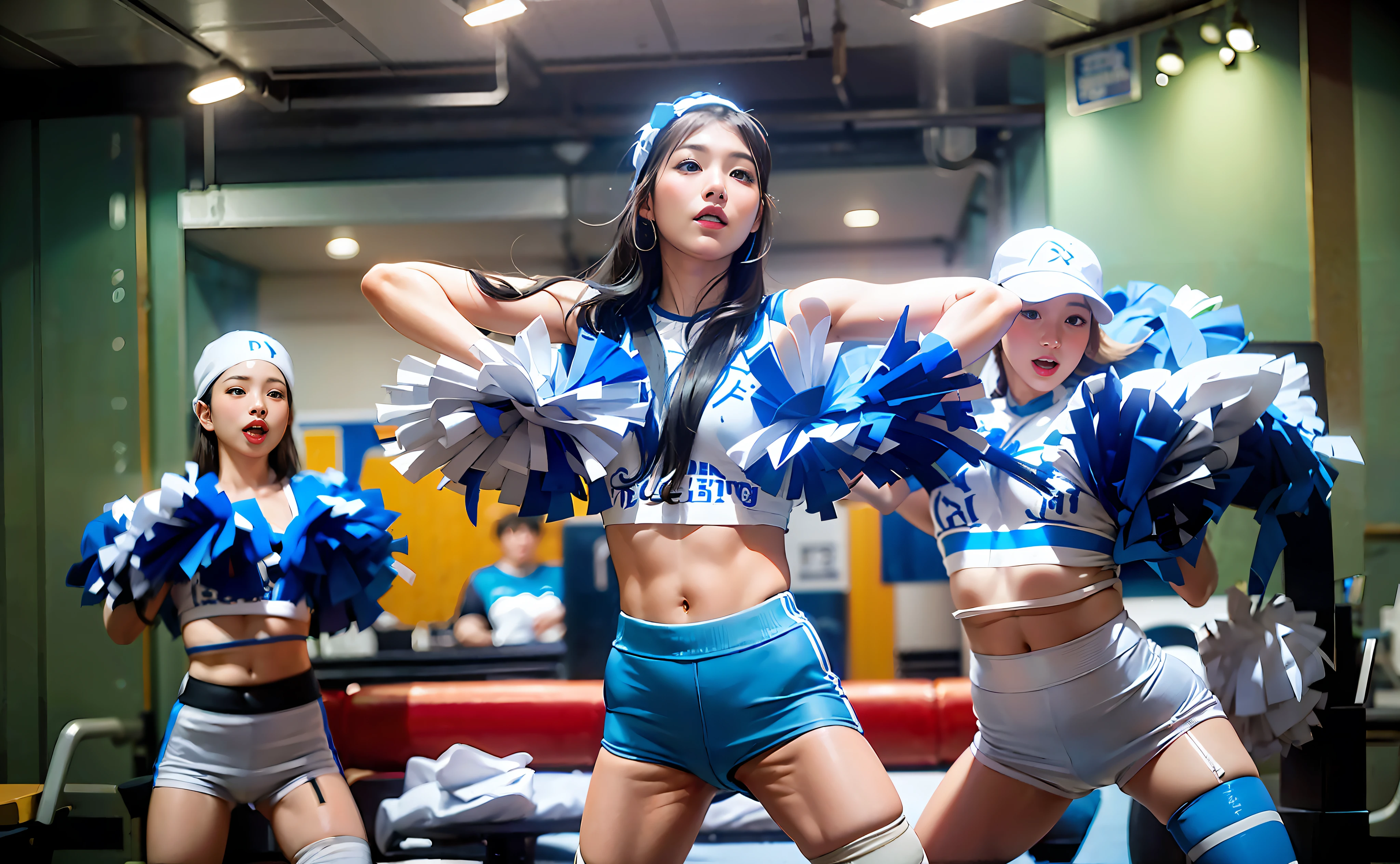 There are three blue and white cheerleaders in the gym holding their blue and white pompoms, Shot on Canon EOS R 6, shot on canon eos r 5, shot on a Canon EOS R5, shot on nikon z9, kda, Shot on Sony A 7 III, Kim Tae-joon, jaeyeon nam, shot on leica sl2, taken with canon 5d mk4