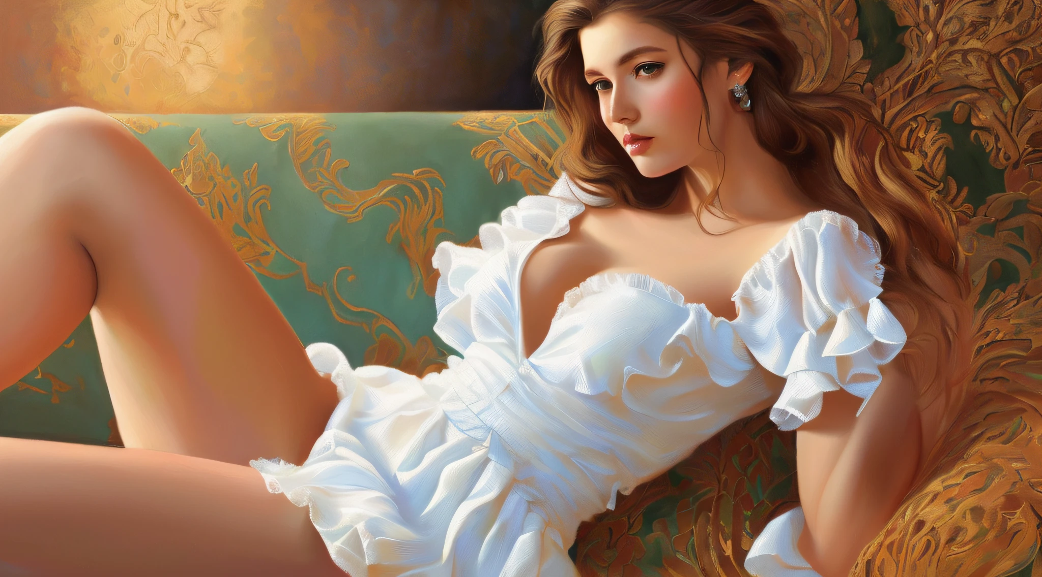 Woman in a white dress lying on a couch, WLOP intrincado, bela arte digital, sensual 8K lighting, karol bak uhd, lindo pintura digital, pintura digital sensual, foto retrato suave 8 k, lindo arte digital, linda arte digital linda, WLOP |, beautiful soft lighting, rosto sensual detalhado, stunning digital illustration