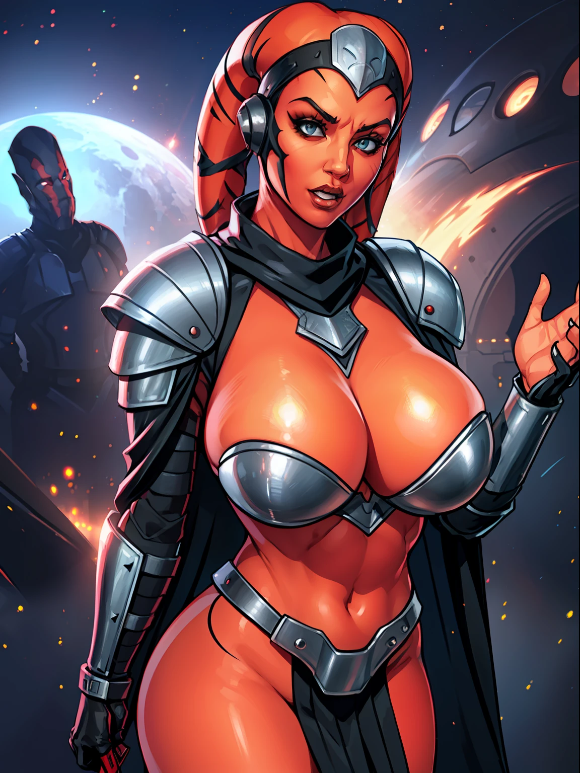armor, busty, ((red skin), twi'lek), dual red lightsabers, evil space knight, space ninja, (wearing black robes, black stealth armor, breastplate, tunic, tabard, cowl, cloak, body glove, straps, buckles, skirts, long sleeves, fantasy, ((armor))), ((busty), slender body, thin, slim sexy body, slim waist, ((gigantic breasts))), Imperial starship, Star Wars,