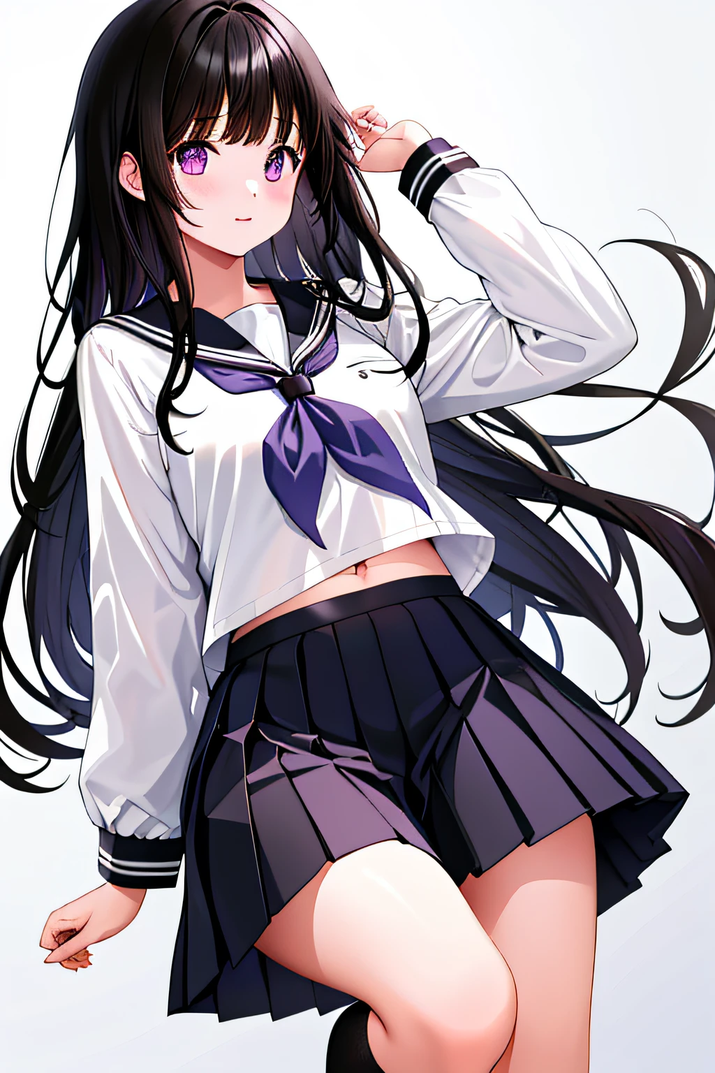 1girl, chitanda eru, long hair, black hair, school uniform, purple eyes, white shirt, white socks, pleated skirt, bangs, black sailor collar, neckerchief, black skirt, long sleeves, (shirt lift:1.2), navel, bra,