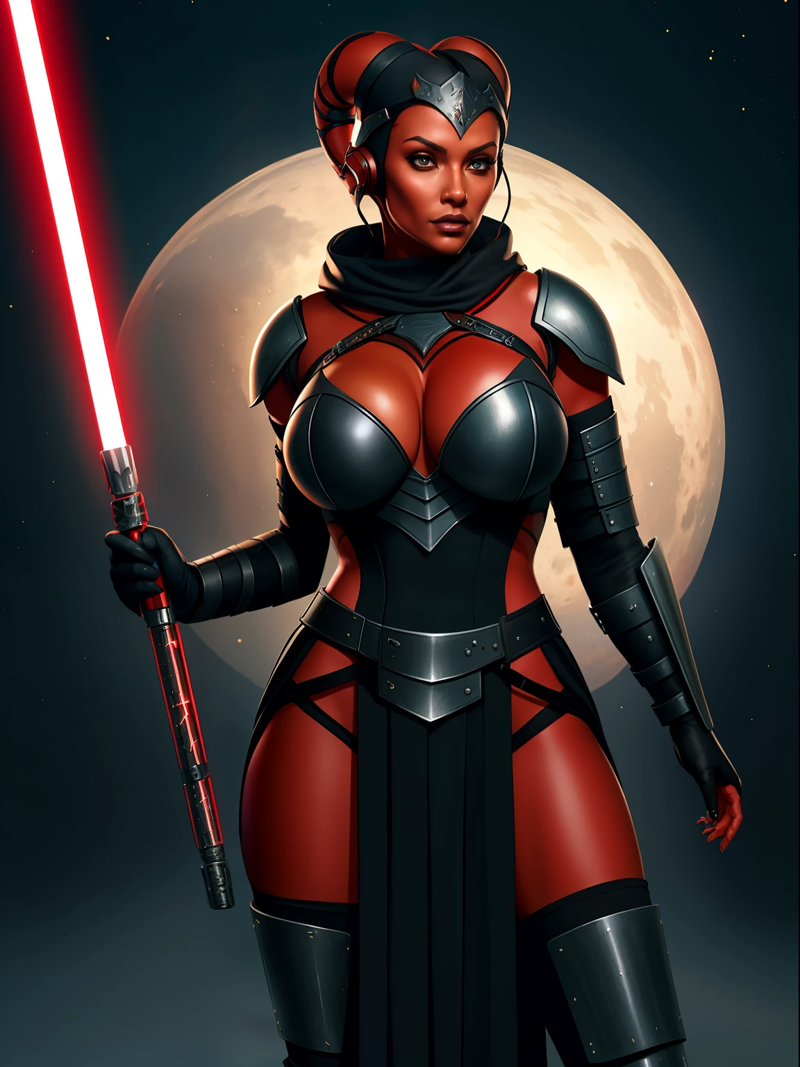 armor, busty, ((red skin), twi'lek), dual red lightsabers, evil space knight, space ninja, (wearing heavy black armor, robes, black stealth armor, breastplate, tunic, tabard, cowl, cloak, body glove, straps, buckles, skirts, long sleeves, fantasy, ((armor))), ((busty), slender body, thin, slim sexy body, slim waist, ((gigantic breasts))), Imperial starship, Star Wars,