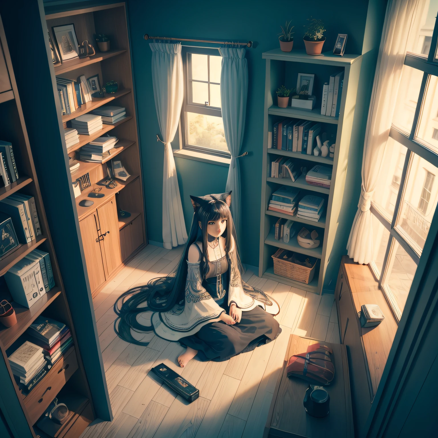 a Girls, from the above, a plant, Black hair, catss, Lie down, inside in room, halter, longer sleeves, Long hair, plushies, Plants in pots, nerds, food, window, telephone, Loading indoors, tvp, short detailed hair, On the back, plushies, By bangs, slippers, The barefoot, Sat down, bookshelves, shelf, electric cables, Computer --auto