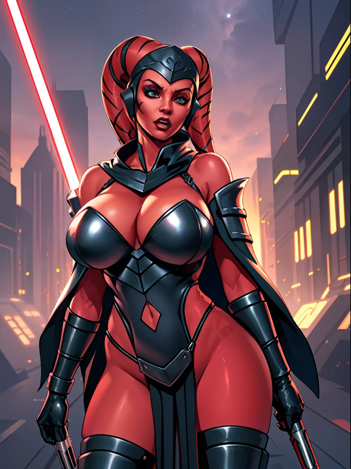 armor, busty, ((red skin), twi'lek), dual red lightsabers, evil space knight, space ninja, (wearing black robes, black stealth armor, breastplate, tunic, tabard, cowl, cloak, body glove, straps, buckles, skirts, long sleeves, fantasy, ((armor))), ((busty), slender body, thin, slim sexy body, slim waist, ((gigantic breasts))), Imperial starship, Star Wars,