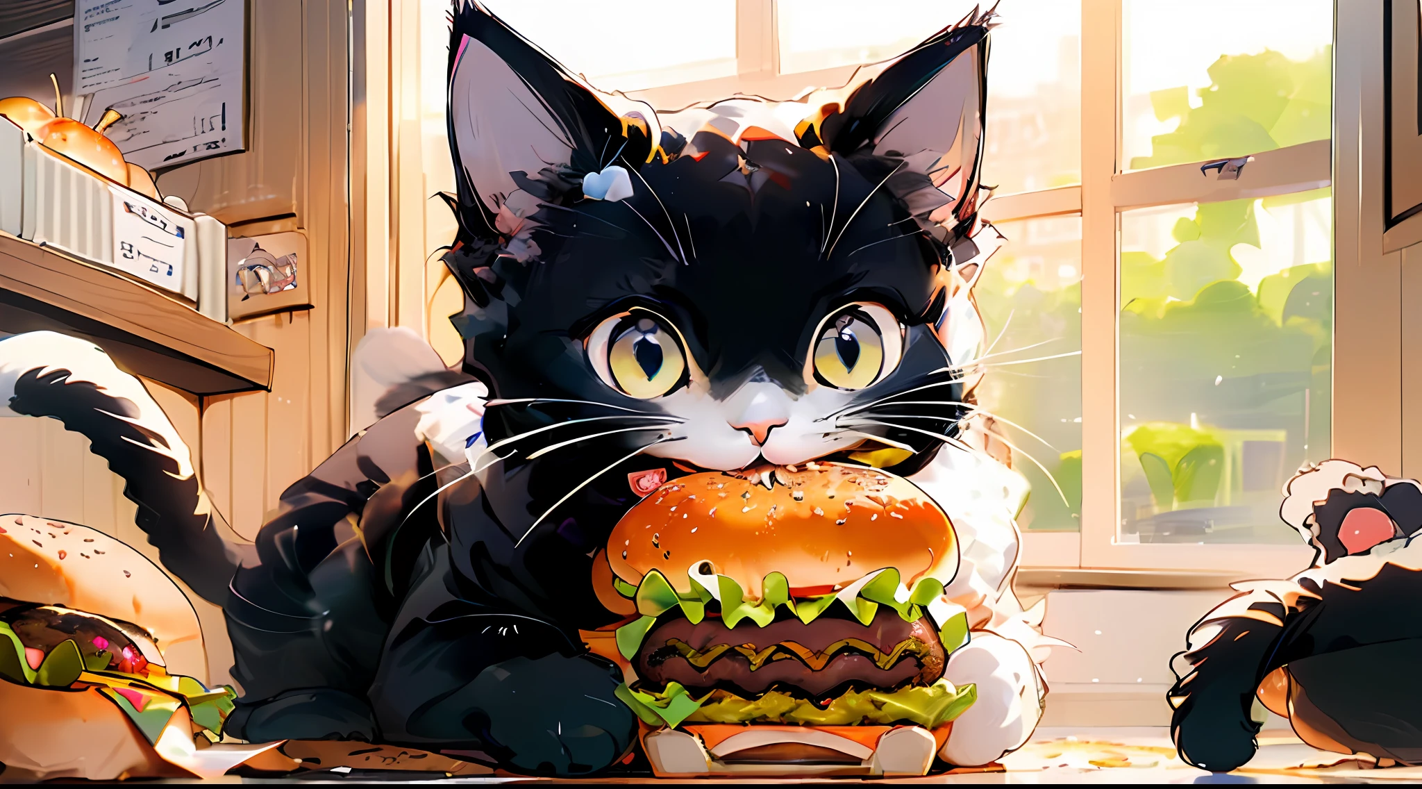 (((((A cat is eating burger))))), ((A seal Ragdoll has a very light brown color on its points – ears, nose, legs, tail, and on their body)), MG mao, Exquisite visuals, high-definition, masterpieces, no humans, animal focus, whiskers, animal, dark blue eyes, HD, Tindal, (((solid background))), 8k resolution, (detailed)