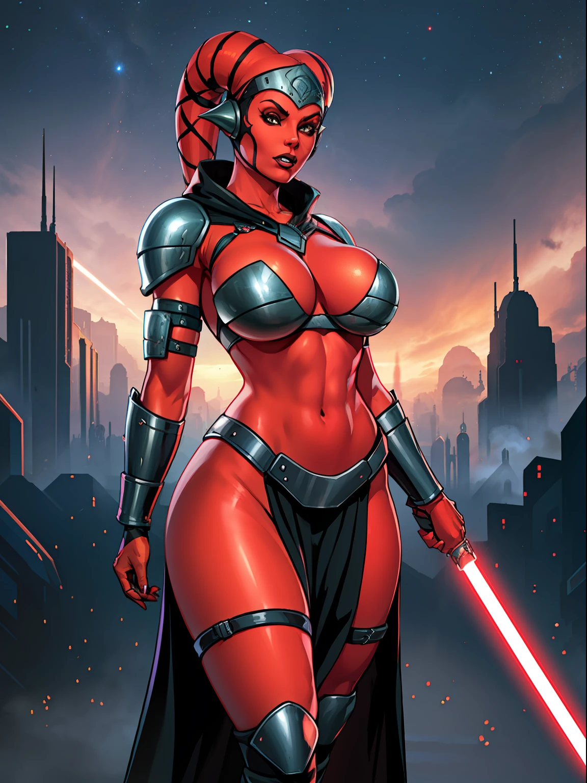 armor, busty, ((red skin), twi'lek), dual red lightsabers, evil space knight, space ninja, (wearing black robes, black stealth armor, breastplate, tunic, tabard, cowl, cloak, body glove, straps, buckles, skirts, long sleeves, fantasy, ((armor))), ((busty), slender body, thin, slim sexy body, slim waist, ((gigantic breasts))), Imperial starship, Star Wars,