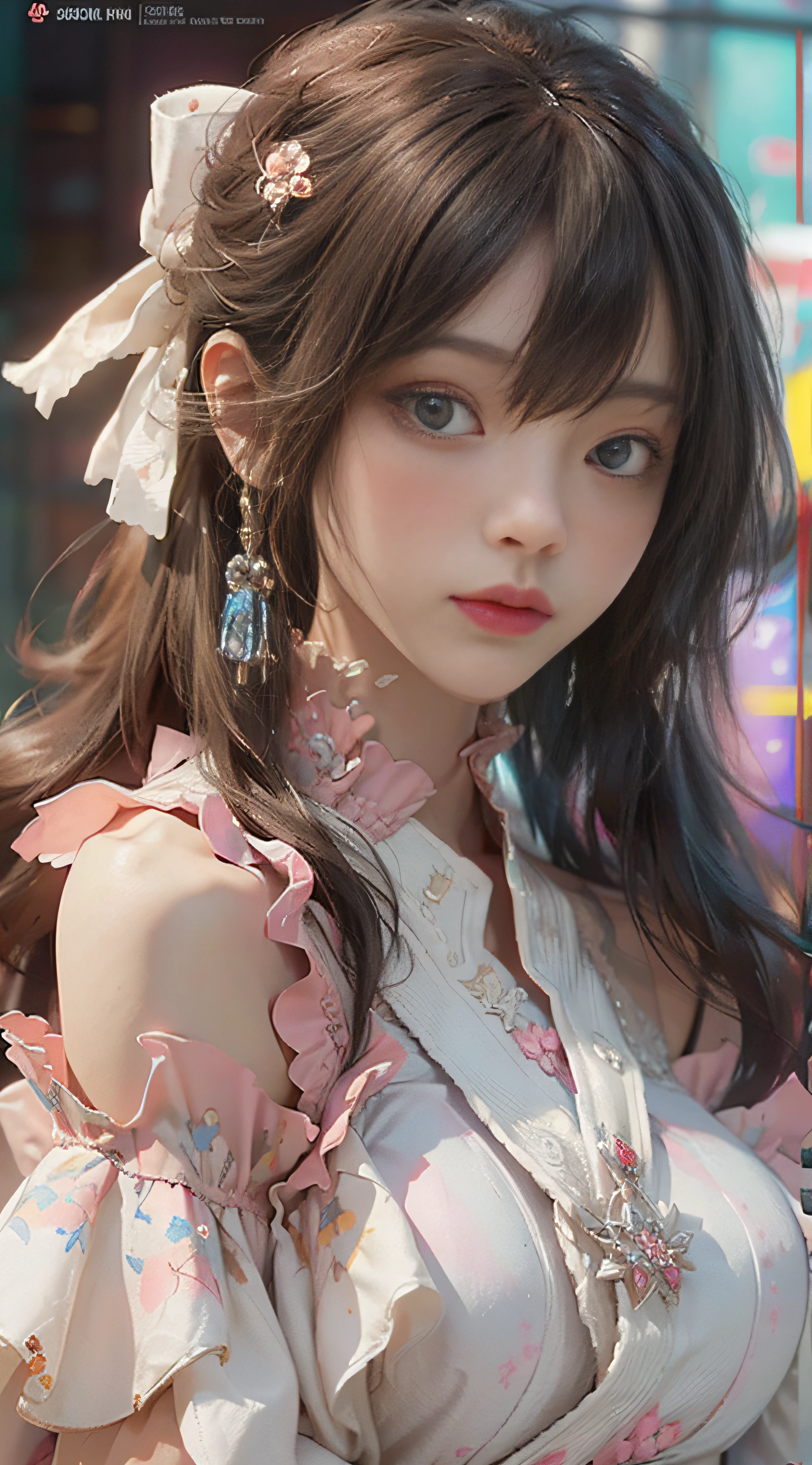 ((best qualtiy)), ((tmasterpiece)), (detail:1.4), 3D, Beautiful cyberpunk female images,hdr(HighDynamicRange),Ray traching,NVIDIA RTX,Hyper-Resolution,illusory 5,sub surface scattering,PBR textures,post-proces,Anisotropy Filtering,depth of fields,maximum definition and sharpness,Many-Layer Textures,Albedo e mapas Speculares,Surface coloring,Mitsu-Accurate simulation of material interactions,perfectly proportioned,rendering by octane,Two-colored light,largeaperture,Low ISO,White balance,Rule three points、8K raw data、beautiful bright pupils,off-the-shoulder clothes,Fine pupils,Delicate face and eyes,long eyelasher,Blushlush,Delicate and fluffy hair,pink lip,Pure,Cute big breasts,Sweet girl,Artistic sense,Casual wear,Advancedsense,butterflys,Cherry blossom petal,Beautiful hair accessories,Hair fluttering in the wind