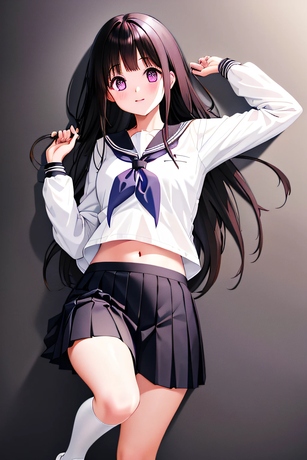 1girl, chitanda eru, long hair, black hair, school uniform, purple eyes, white shirt, white socks, pleated skirt, bangs, black sailor collar, neckerchief, black skirt, long sleeves, (shirt lift:1.2), navel, bra,