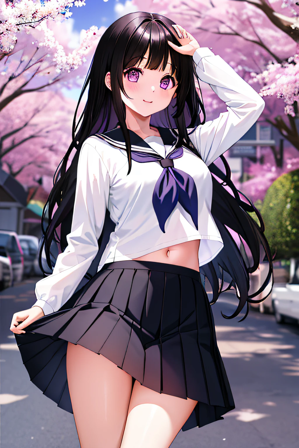 1girl, chitanda eru, long hair, black hair, school uniform, purple eyes, white shirt, white socks, pleated skirt, bangs, black sailor collar, neckerchief, black skirt, long sleeves, (shirt lift:1.2), navel, bra,