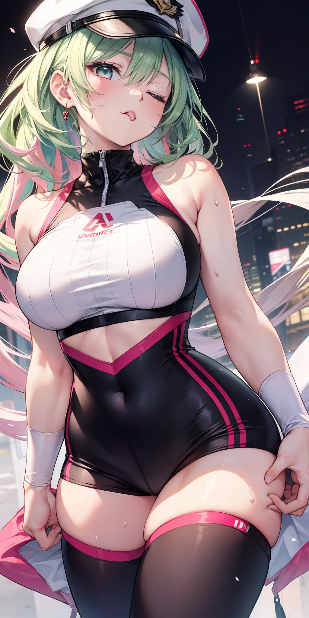 ((best quality)), ((master piece)), (robust), anime style, best quality 1girl, portrait, ultra detailed, pretty face, perfect anatomy, Solo, pale skin, pink green hair color, perfect big hair , bangs, ((Eyes closed)), tongue out, cap, tight-fitting top, tight-fitting leggings, arms, Hands on breasts, thick legs, big thighs, possession, gym background, details in the environment, perfect background, body sweating