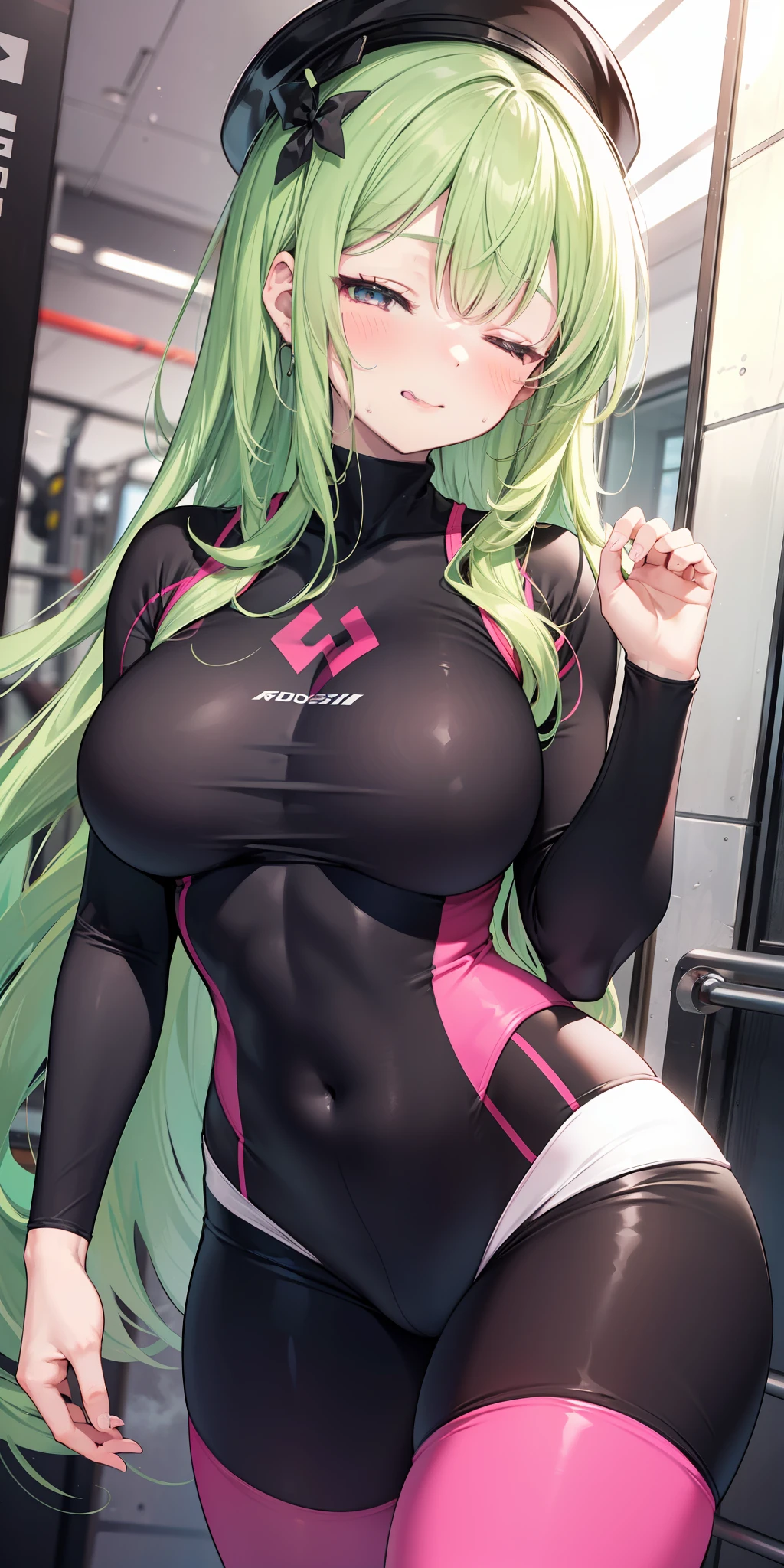 ((best quality)), ((master piece)), (robust), anime style, best quality 1girl, portrait, ultra detailed, pretty face, perfect anatomy, Solo, pale skin, pink green hair color, perfect big hair , bangs, ((Eyes closed)), tongue out, cap, tight-fitting top, tight-fitting leggings, arms, Hands on breasts, thick legs, big thighs, possession, gym background, details in the environment, perfect background, body sweating