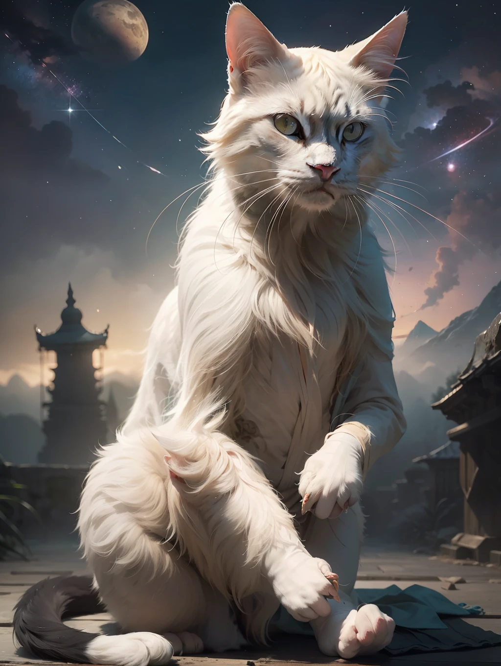 "A majestic cat peacefully meditating in a buddhist robe, surrounded by the vast universe. The artwork is dreamy and conceptually rich, with a touch of misty ambiance. It is rendered in the elegant style reminiscent of Greg Rutkowski, featuring highly detailed elements and subdued, dim colors that create soothing tones."