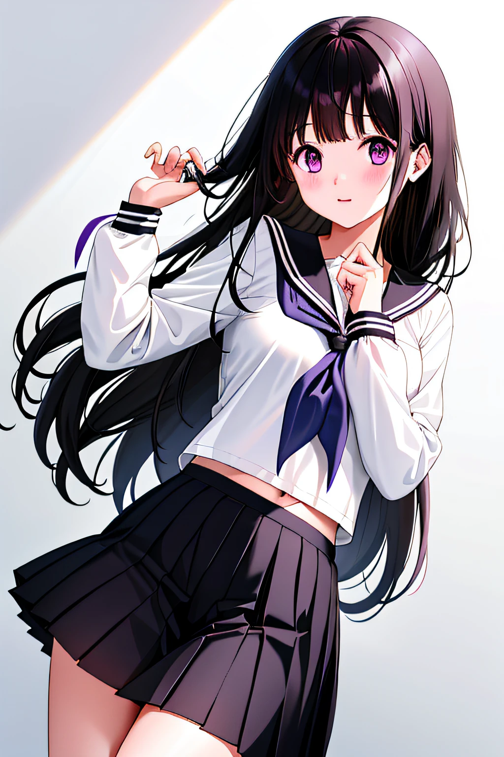 1girl, chitanda eru, long hair, black hair, school uniform, purple eyes, white shirt, white socks, pleated skirt, bangs, black sailor collar, neckerchief, black skirt, long sleeves, (shirt lift:1.2), navel, bra,