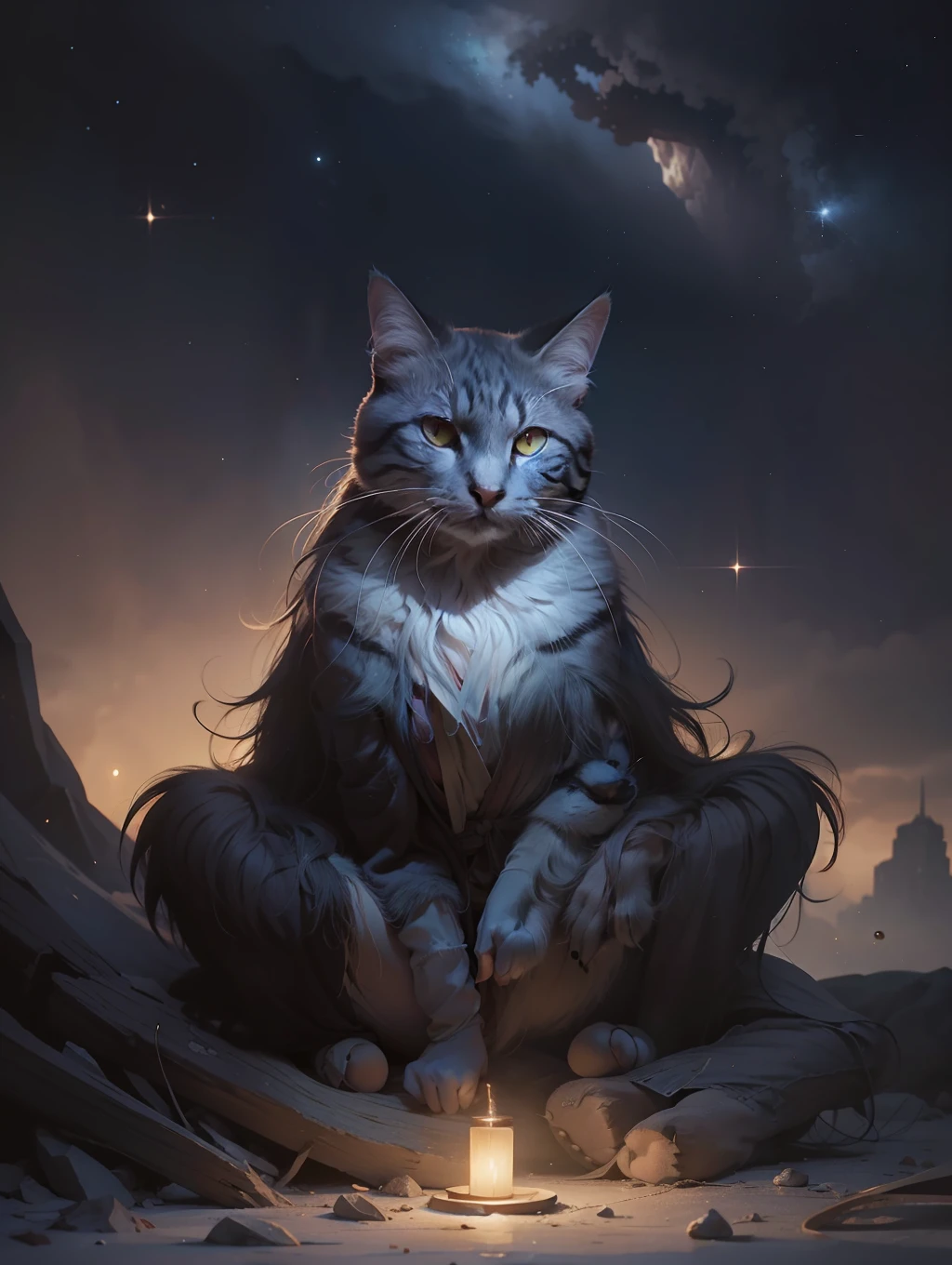 "A majestic cat peacefully meditating in a buddhist robe, surrounded by the vast universe. The artwork is dreamy and conceptually rich, with a touch of misty ambiance. It is rendered in the elegant style reminiscent of Greg Rutkowski, featuring highly detailed elements and subdued, dim colors that create soothing tones."