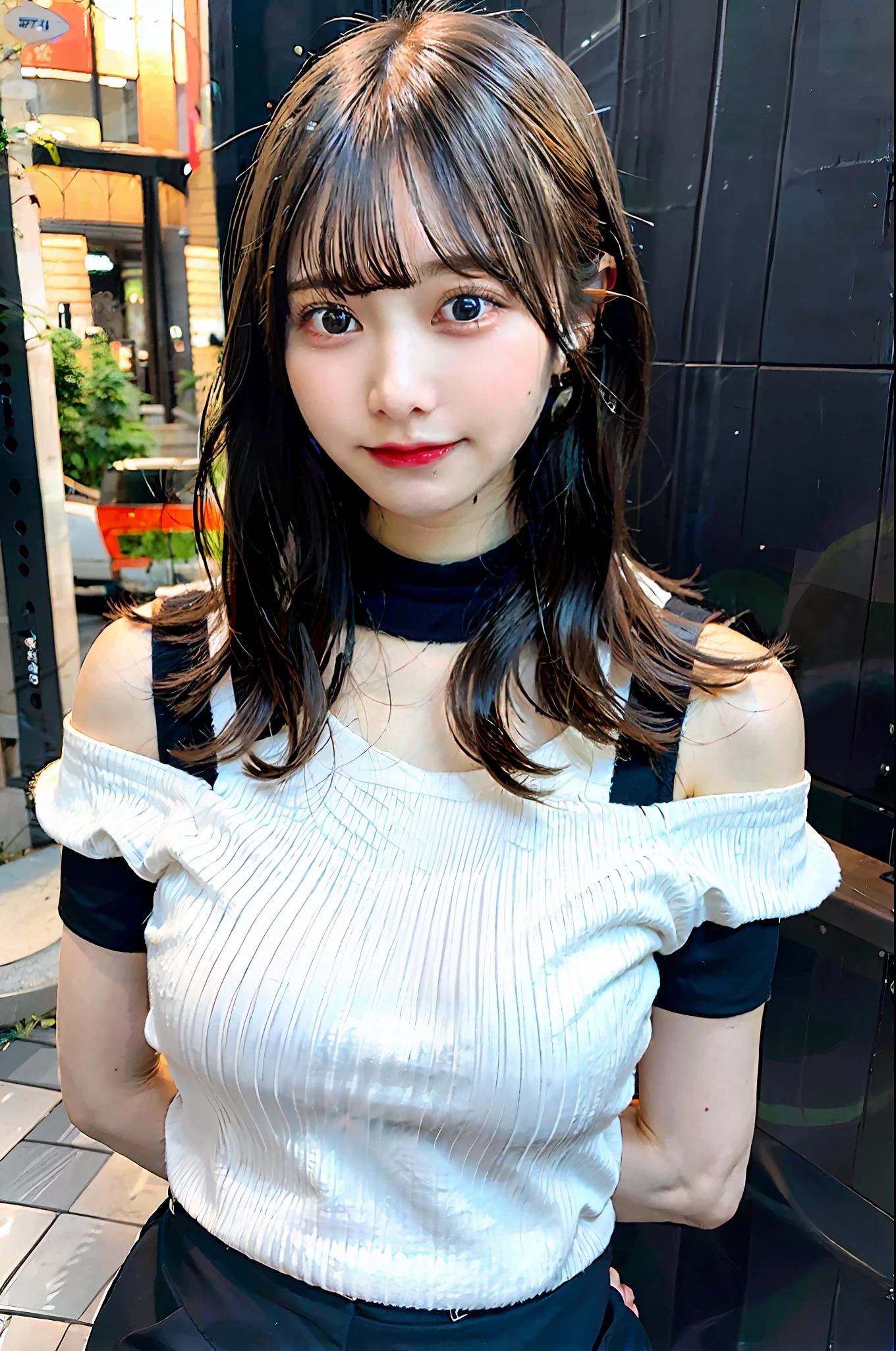 best quality, ultra high res, (photorealistic:1.4), 1girl, off-shoulder white shirt, black tight skirt, black choker, (faded ash gray hair:1), (huge breasts:1.2), looking at viewer, closeup ,