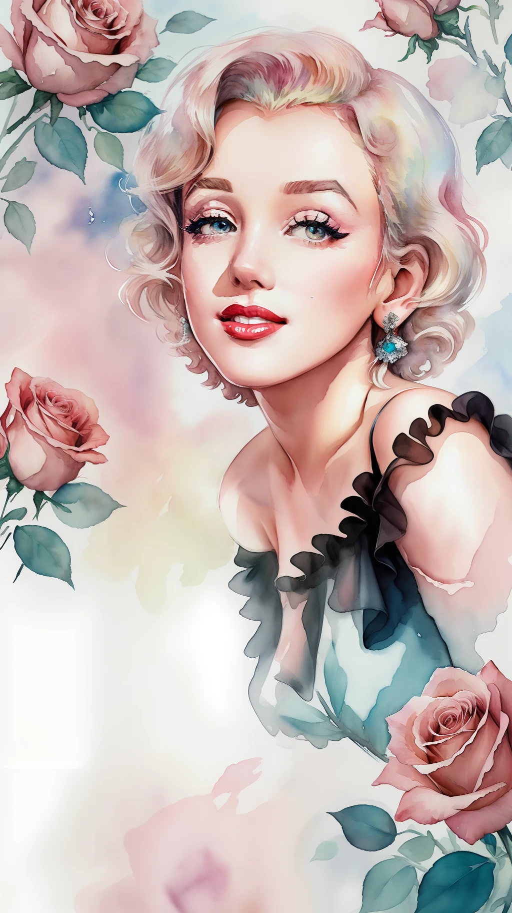 close up photo of Marilyn Monroe, off shoulder , watrcolor style, (rose) digital art, black background, among the roses, official art, blown by the wind, masterpiece, beautiful, ((watercolor)), paint splatter, intricate detail. Great detail, [dripping:0.7], Trending on Artstation, Rachel Walker