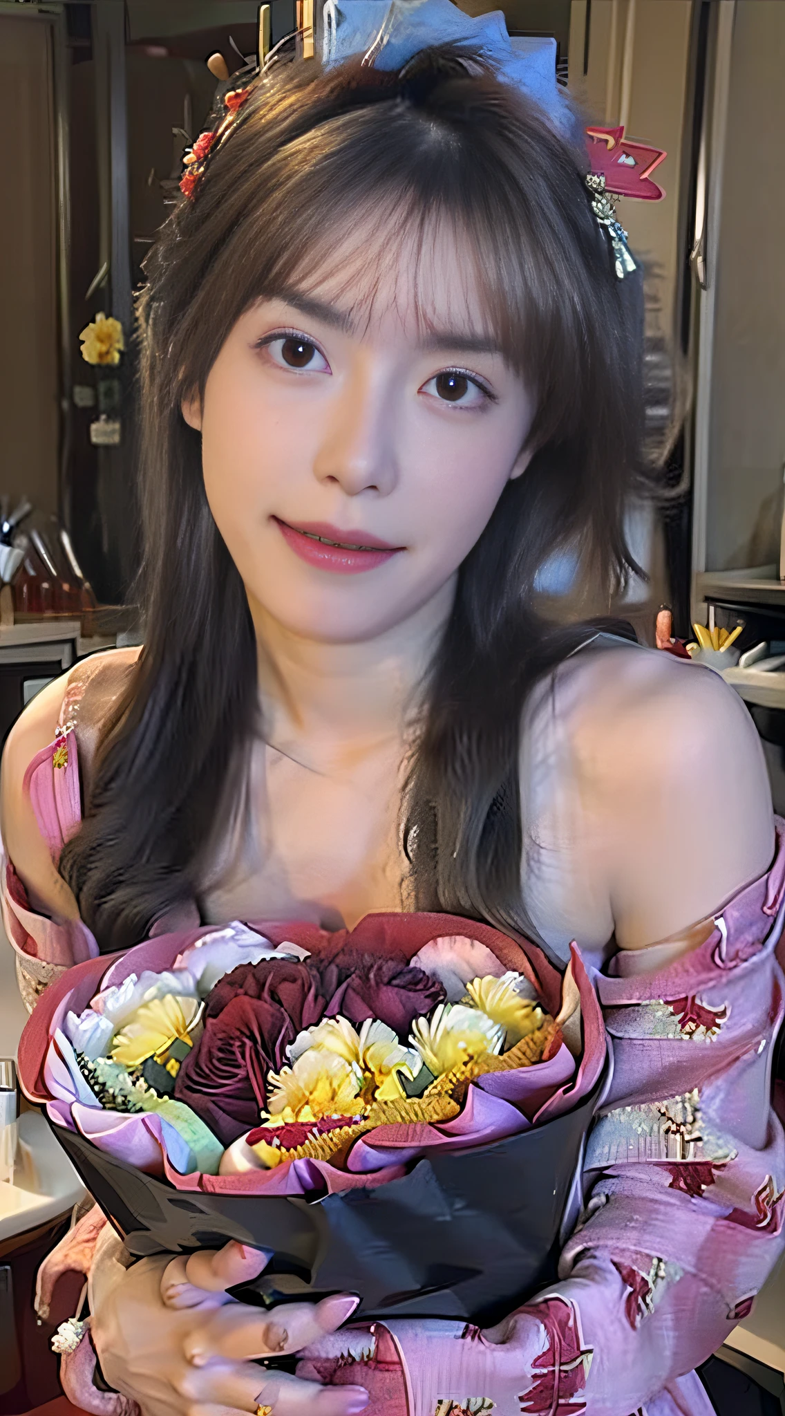 A close-up of a woman holding a bouquet of roses in her hand, Young sensual gravure idol, young pretty gravure idol, Realistic young gravure idol, Young gravure idol, girl cute-fine face, with cute - fine - face, Young skinny gravure idol, Yoshitomo Nara, Chinese model,ssmile