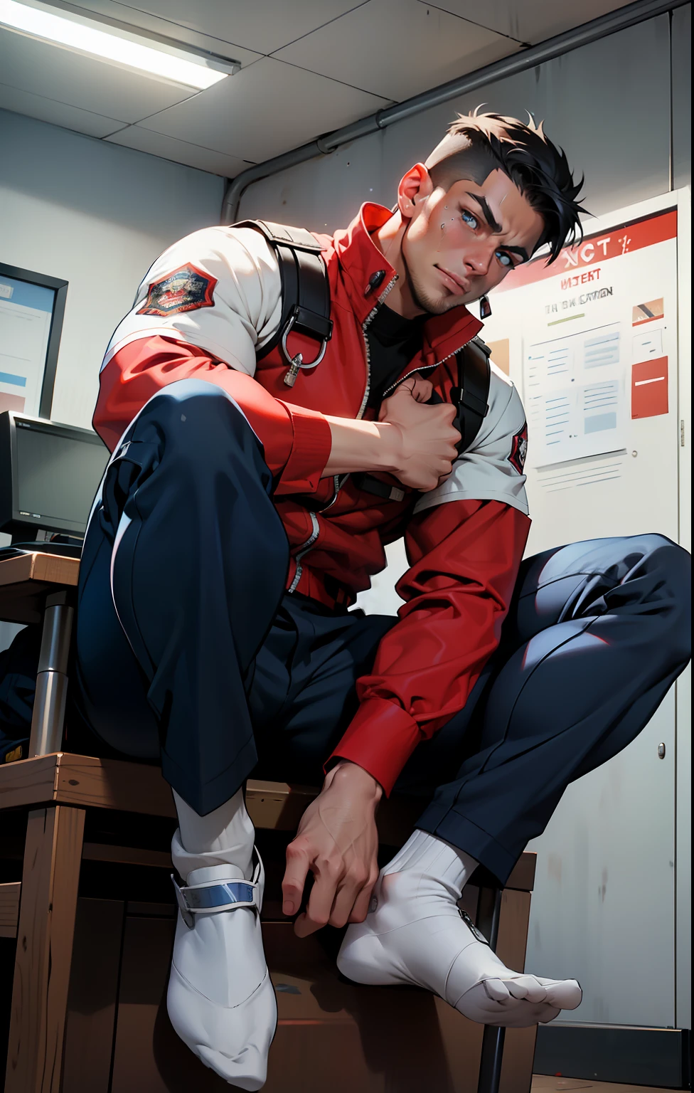 masterpiece, best quality, face, natural eyes, 1man, european, big feet, black socks, (no shoes), full body, (in suits), large bulge, long legs, looking at viewer, 30 years old, muscled and mature, short haircut, sitting on the desk with legs streched, in a fire station office, firefighter suit hanging on the walls, fire station, wearing firefighter uniform with zipper open reveling a strong chest and abdominal musclesblue eyes, flush, organism, face covered with white fluids, sweating, tight cloth, erecting, white jacket, strictly, holding black whip in hand,