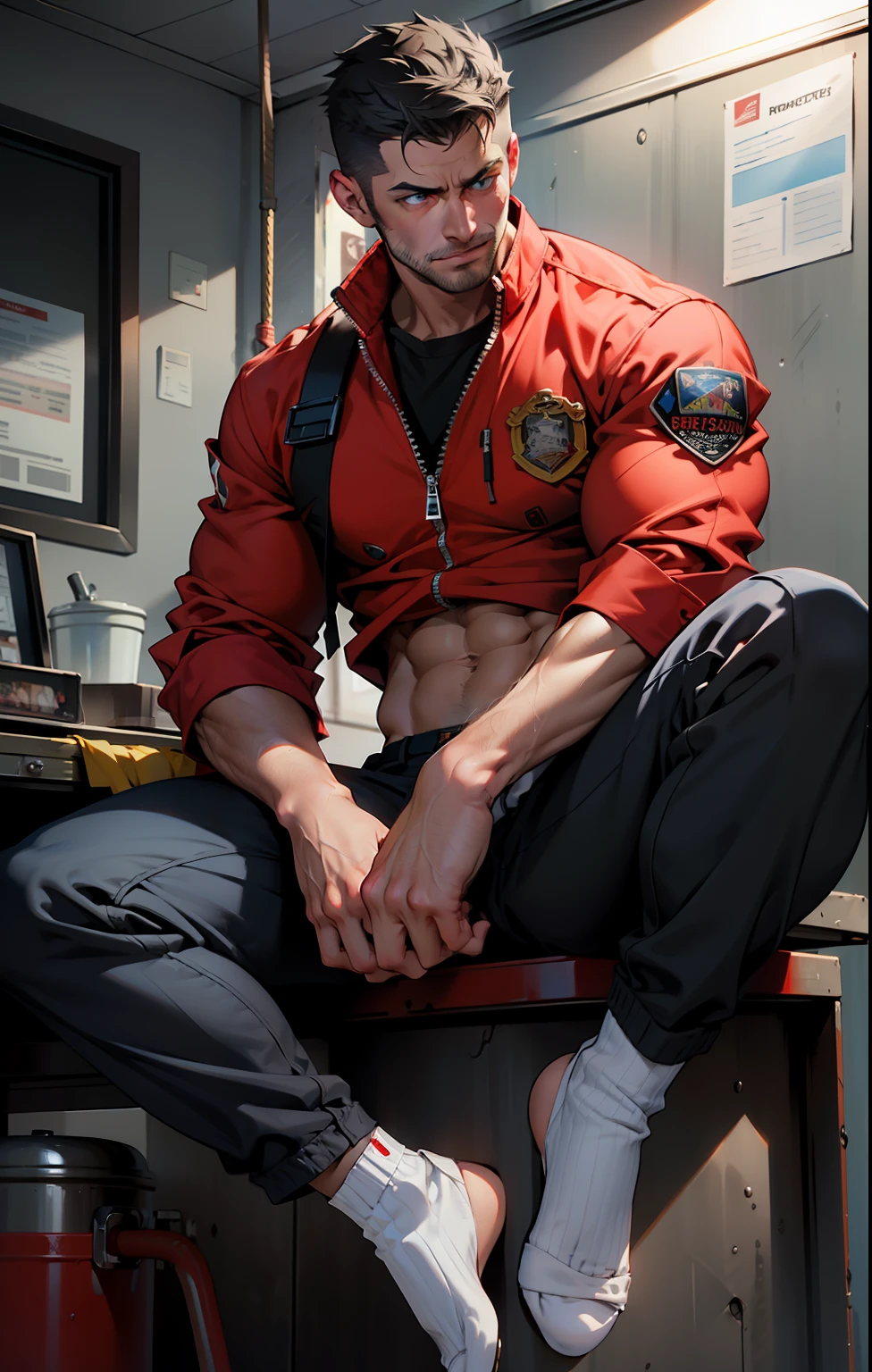 masterpiece, best quality, face, natural eyes, 1man, european, big feet, black socks, (no shoes), full body, (in suits), large bulge, long legs, looking at viewer, 30 years old, muscled and mature, short haircut, sitting on the desk with legs streched, in a fire station office, firefighter suit hanging on the walls, fire station, wearing firefighter uniform with zipper open reveling a strong chest and abdominal musclesblue eyes, flush, organism, face covered with white fluids, sweating, tight cloth, erecting, white jacket, strictly, holding black whip in hand,