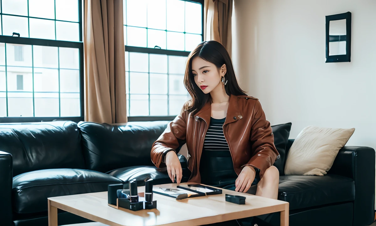 photo, 8K, masterpiece, (1woman:1.5), Japanese, beautiful:1.2, (leather jacket), (grabbing a cosmetic) BREAK (American living room), (many cosmetics on the table), (1cat on the table)