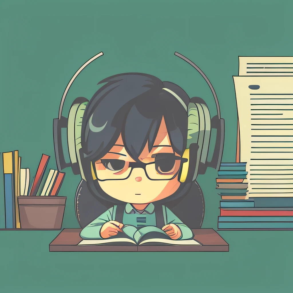 Article proofreading,cartoonish style,Icon purpose,wearing headphone,Error correcting,Interrogation,Minimalist style