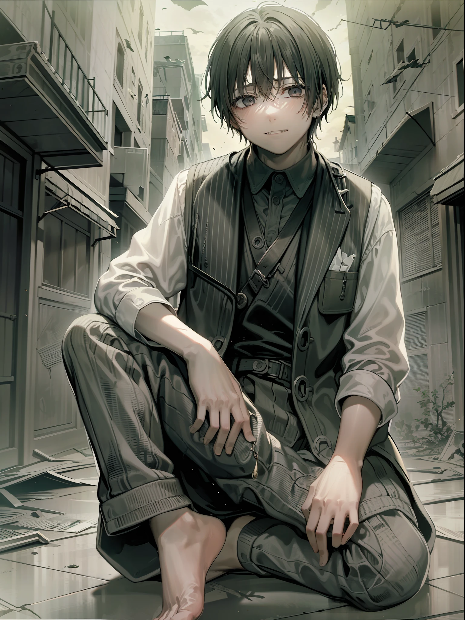 1boy,One is black、Boy with dark eyes,It seems to reveal profound mysteries。He wears a dark black vest,In stark contrast to his pale skin。Her hair is dark black,The white ends of her hair give her a unique touch。His teeth,Slightly sharp,It gives a mysterious expression。His tired look was palpable,The dark circles that accentuate his tired appearance are also noticeable。A faint mocking smile appeared at the corner of his mouth,There was a hint of helplessness。His feet are barefoot,He held his head,Feeling distressed and helpless,There are a lot of scars on my body,Connect him to the surrounding city and abandoned environment。The scenery is dark,Crumbling buildings and shadows evoke a mysterious and dark atmosphere。