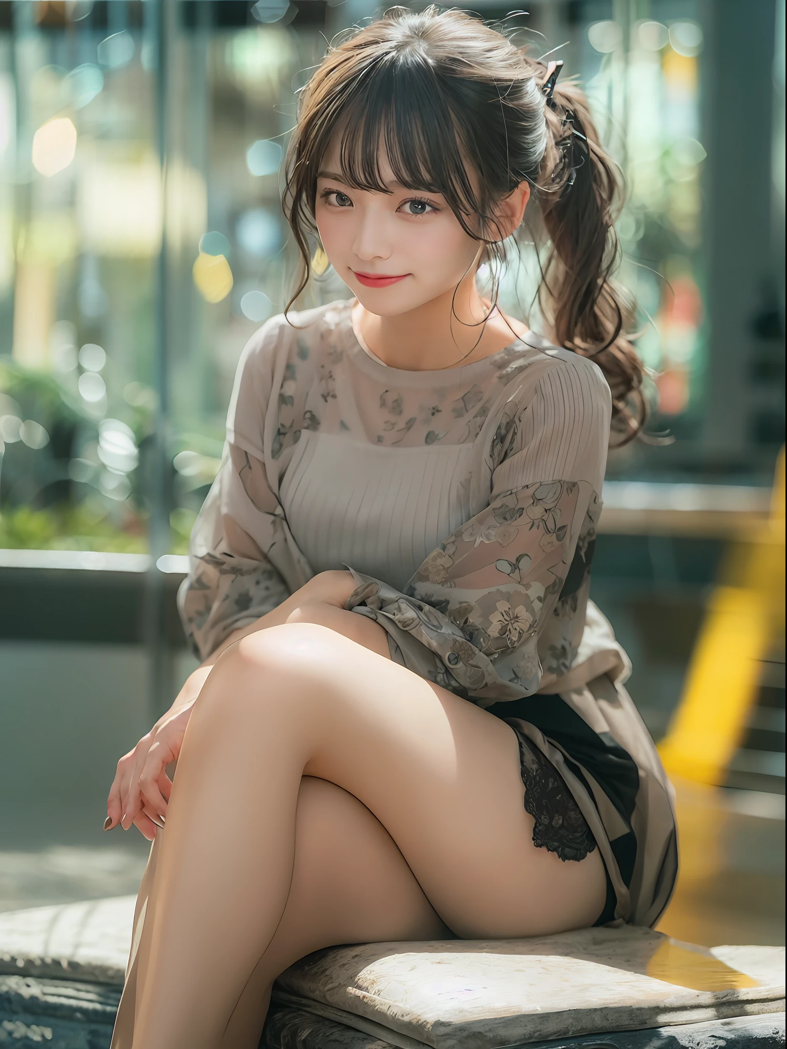 500R,((an woman sitting )),bright background,masterpiece,best quality,super detailed,high resolution,very detailed,8k uhd, (fidelity, fidelity: 1.5) , realistic, (natural light), (bokeh: 1.5), (depth of field), bokeh background, amazing, fine detail, best, high quality, RAW photo, pureerosface_v1,