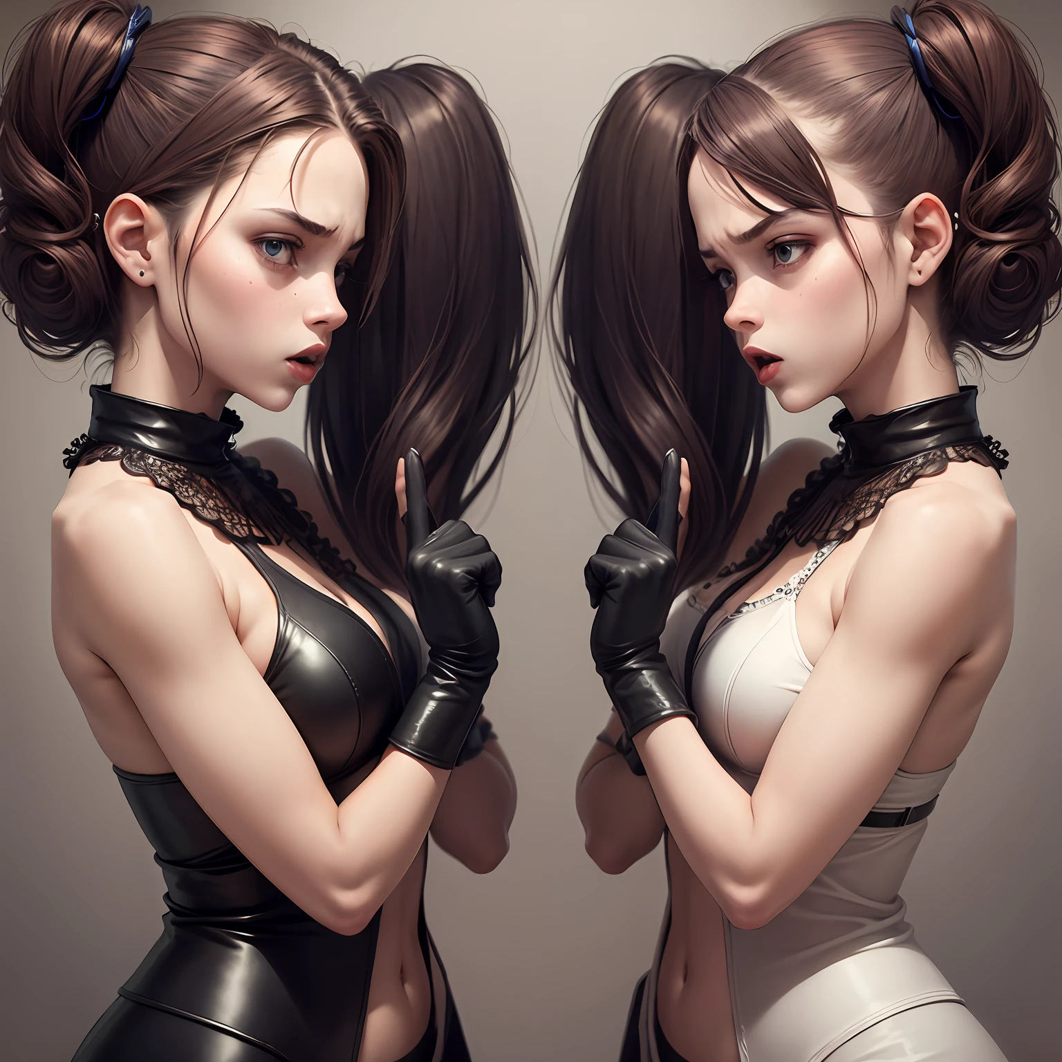 Conjoined twin sisters, solo, two heads attached to the same body, arguing, angry --auto