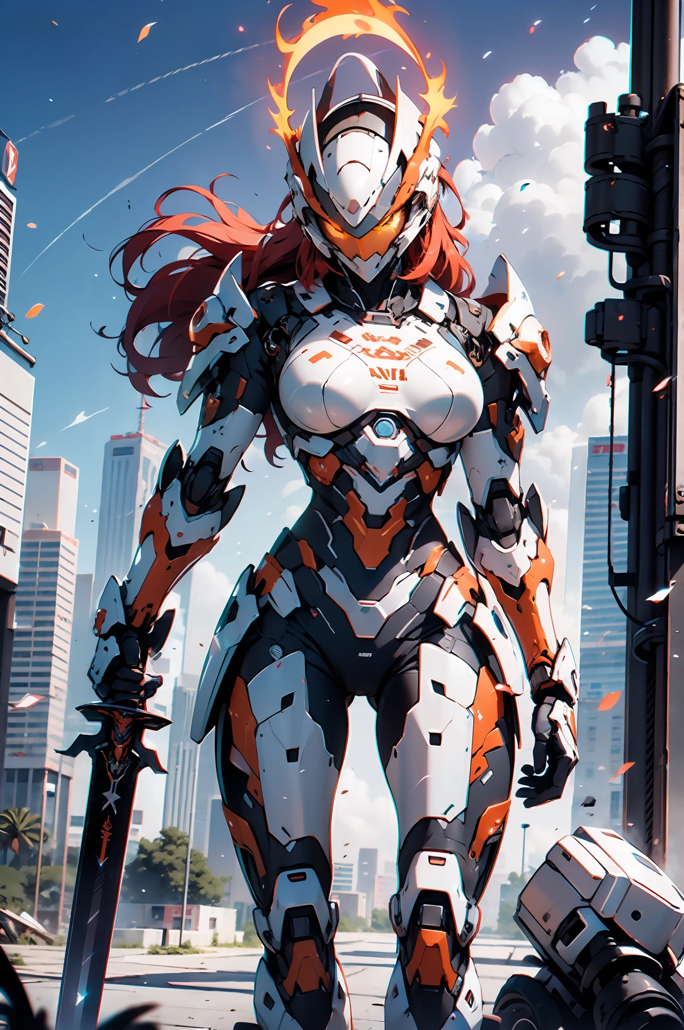 Futuristic style mecha, shining on the surface of the mecha, pink and red appearance, girl, slender waist, big breasts, big ass, flowing long fiery red hair, transparent face armor, nine-headed body, forward stance, wielding a long sword, holding a weapon in his hand, a long sword, a tail wing on his back, spraying flames, an angel halo on his head, surrounded by ruins, HD, CG image, ultra-wide-angle lens, gigantic