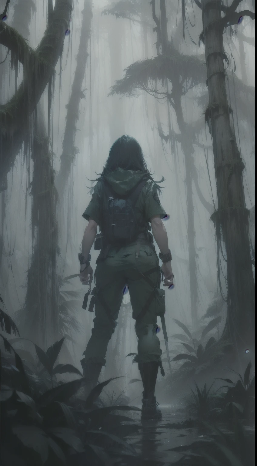 (dense jungle:1.2) (huge trees:1.2) (forest:1.2) (portrait:1.2) (fullbody:1.2) (from the back:1.2) (adventure girl:1.2) (adventure gear:1.2) (commencing adventure:1.3) (brave pose:1.2) (fearless) (best quality:1.2) (attention to detail:1.2) (best quality:1.2) (perfection:1.2) (unearthly creatures flying:1.2) (windy:1.2) (raining:1.2) (night time:1.2) (artistic lighting:1.2) (sense of adventure:1.3) (eerie:1.2) (focus point:1.2) (artstation:1.2) (realism:1.3) (wide:1.2)