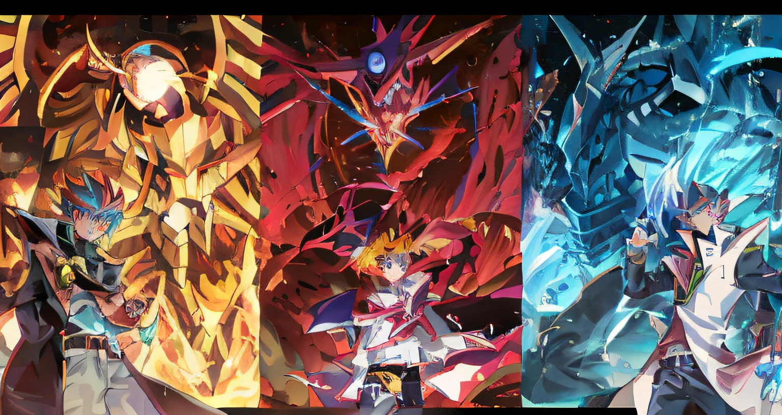 Stand in front of the dragon,Anime characters with different colors of hair and clothing, Yugioh artwork, yugioh art style, yugioh style, yugioh, slifer the sky dragon, yugioh card, Anime epic artwork, Album art, 3d anime poster, anime key art, Detailed key anime art, digimon anime key art