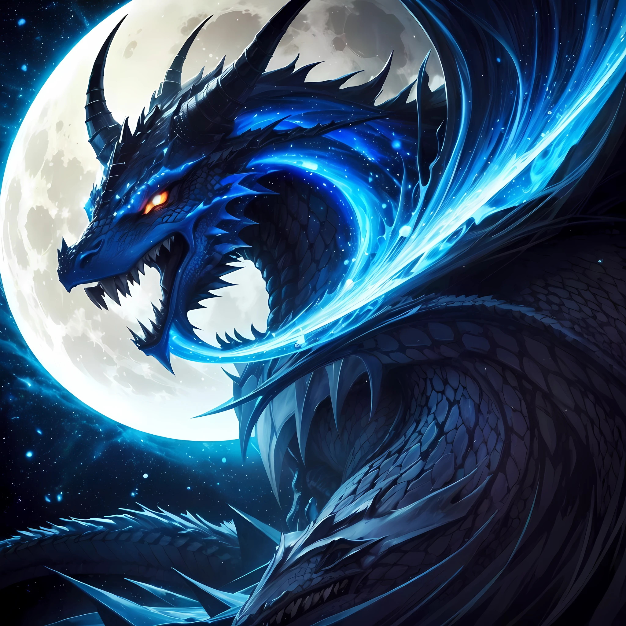 ((melhor qualidade)), ((obra-prima)), ((com tinta)), Majestic soft oil painting by Jim Lee, trending in the artstation, ((noite, darkeness)), retrato de perto, Majestic dragon imposing giant of Dark Blue Scales, Detailed features with horns, olhos hipnotizantes brilhantes, dentes afiados de agulha, Hovering in the starry sky illuminated by the moon and rays, altamente detalhado, smooth volumetric lighting, fundo detalhado, melhor qualidade, obra-prima,