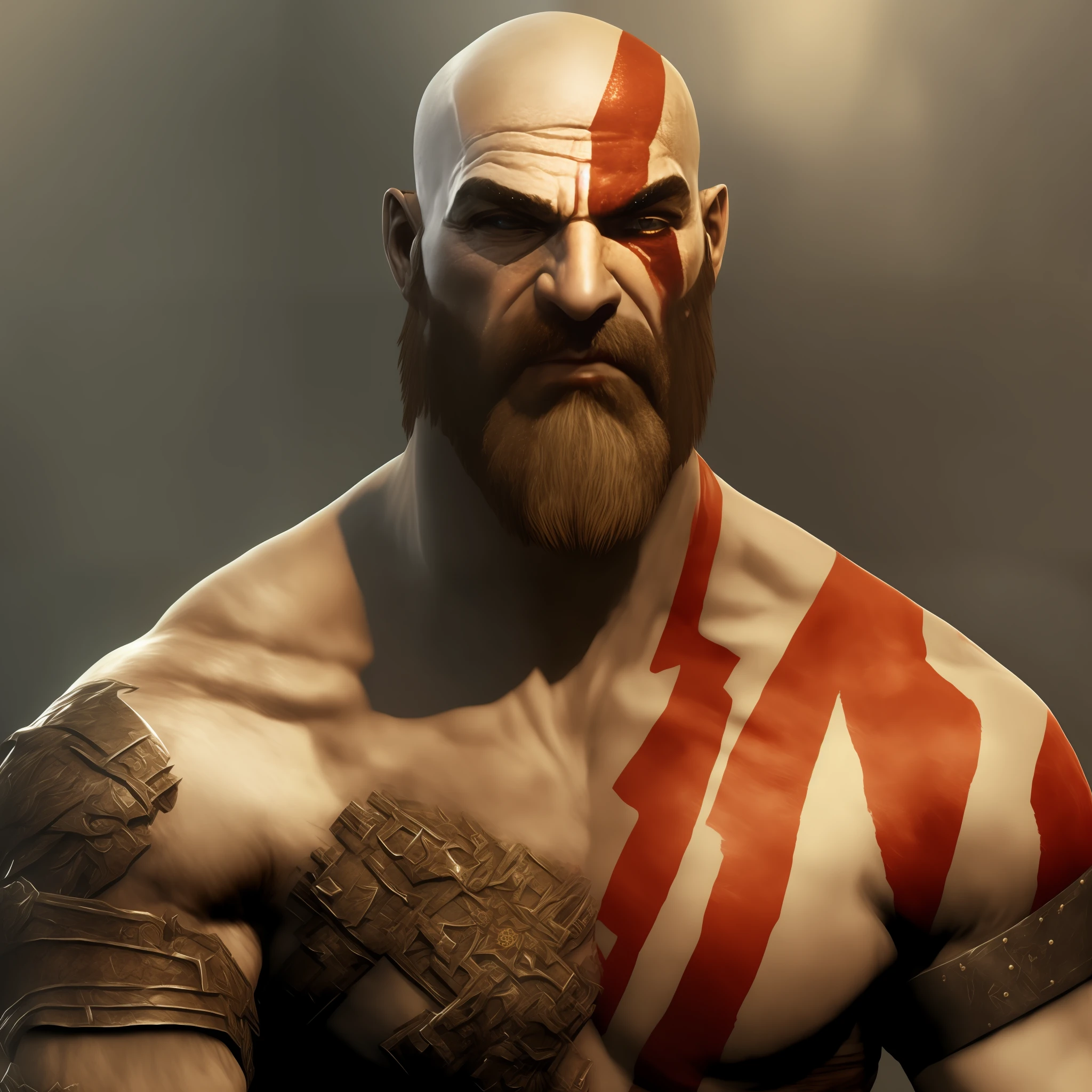 kratos God of War 2005, Foto realista, perfil, careca, barbicha, igual dos games