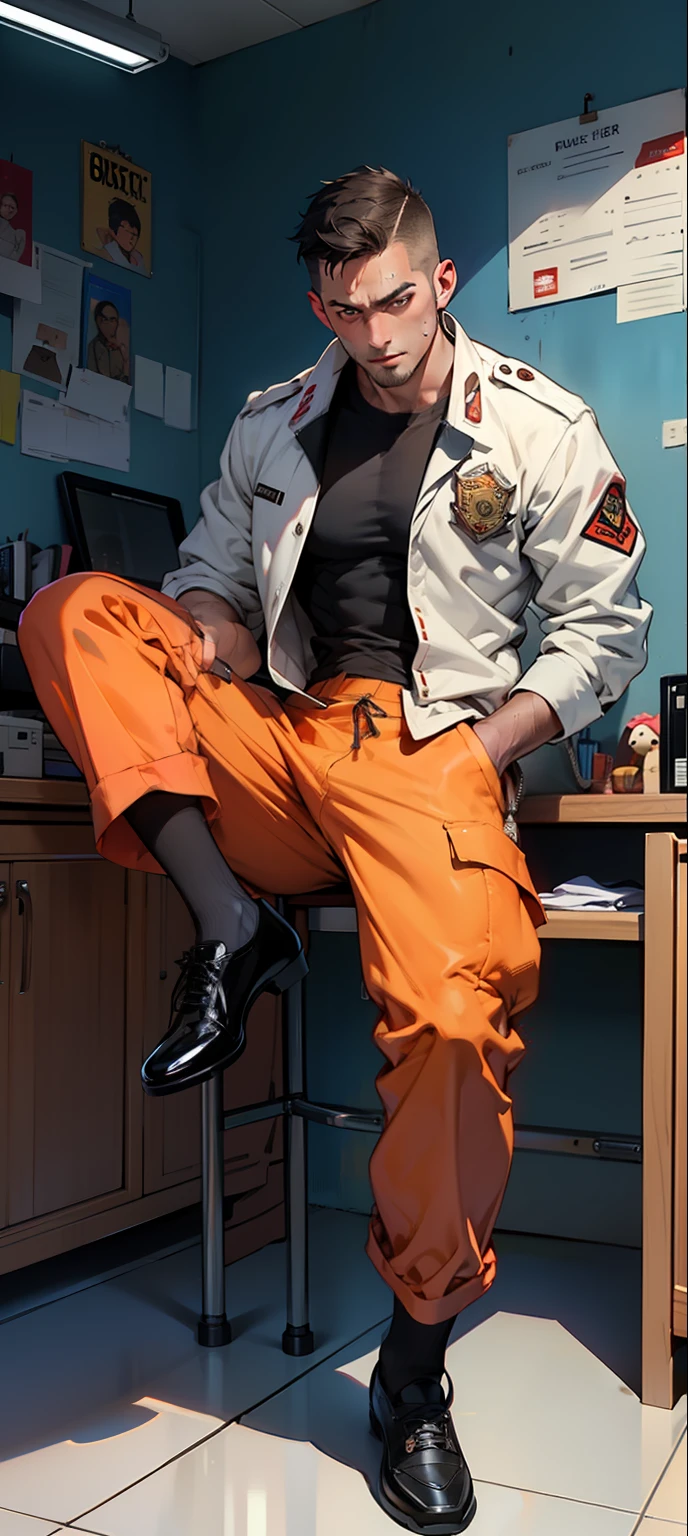 masterpiece, best quality, face, natural eyes, 1man, european, big feet, black socks, (no shoes), full body, (in suits), large bulge, long legs, looking at viewer, 30 years old, muscled and mature, short haircut, sitting on the desk with legs streched, in a fire station office, firefighter suit hanging on the walls, fire station, wearing firefighter uniform with zipper open reveling a strong chest and abdominal musclesblue eyes, flush, organism, face covered with white fluids, sweating, tight cloth, erecting, white jacket, strictly, holding black whip in hand,